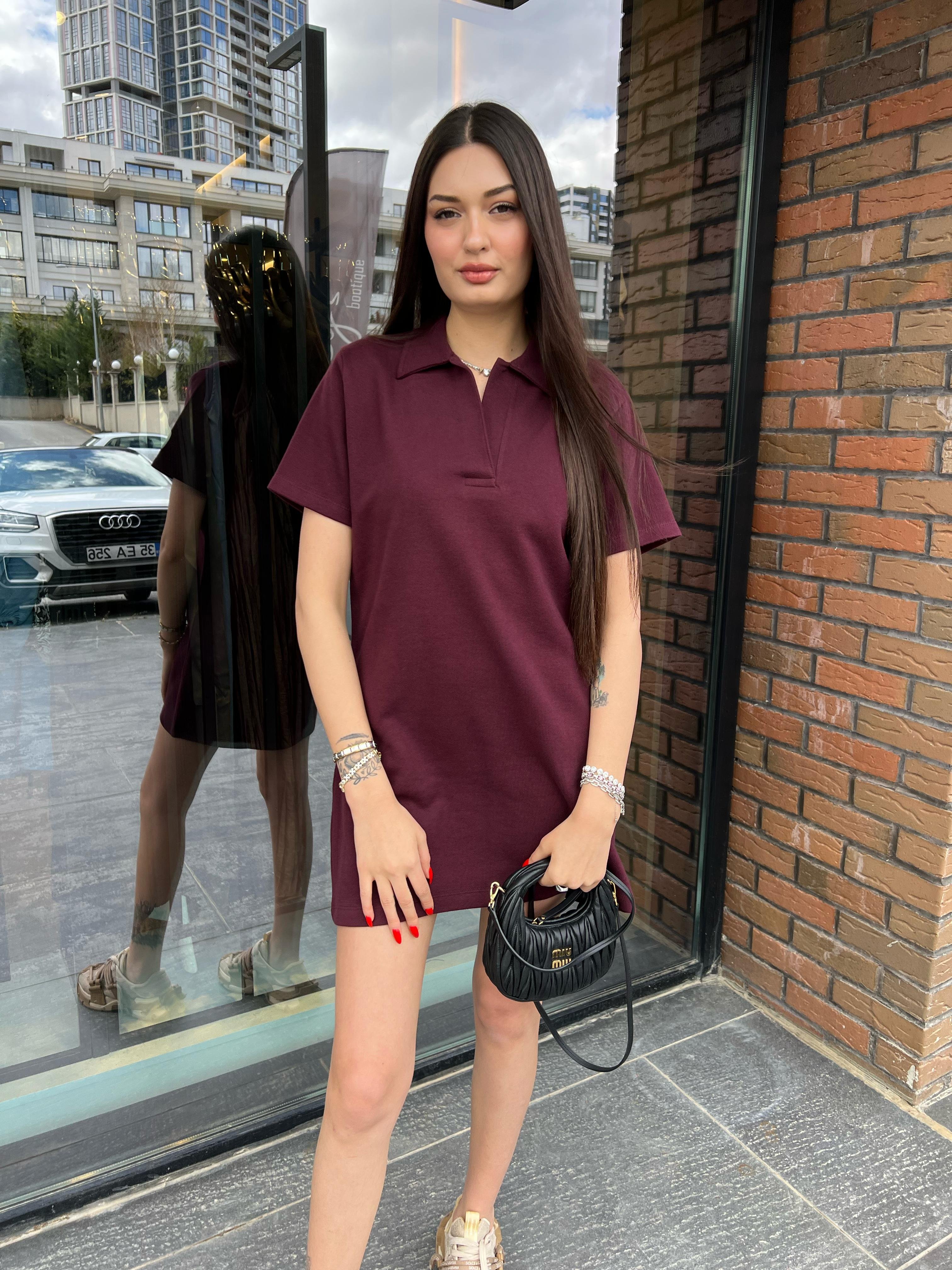 Polo Yaka Elbise - Bordo