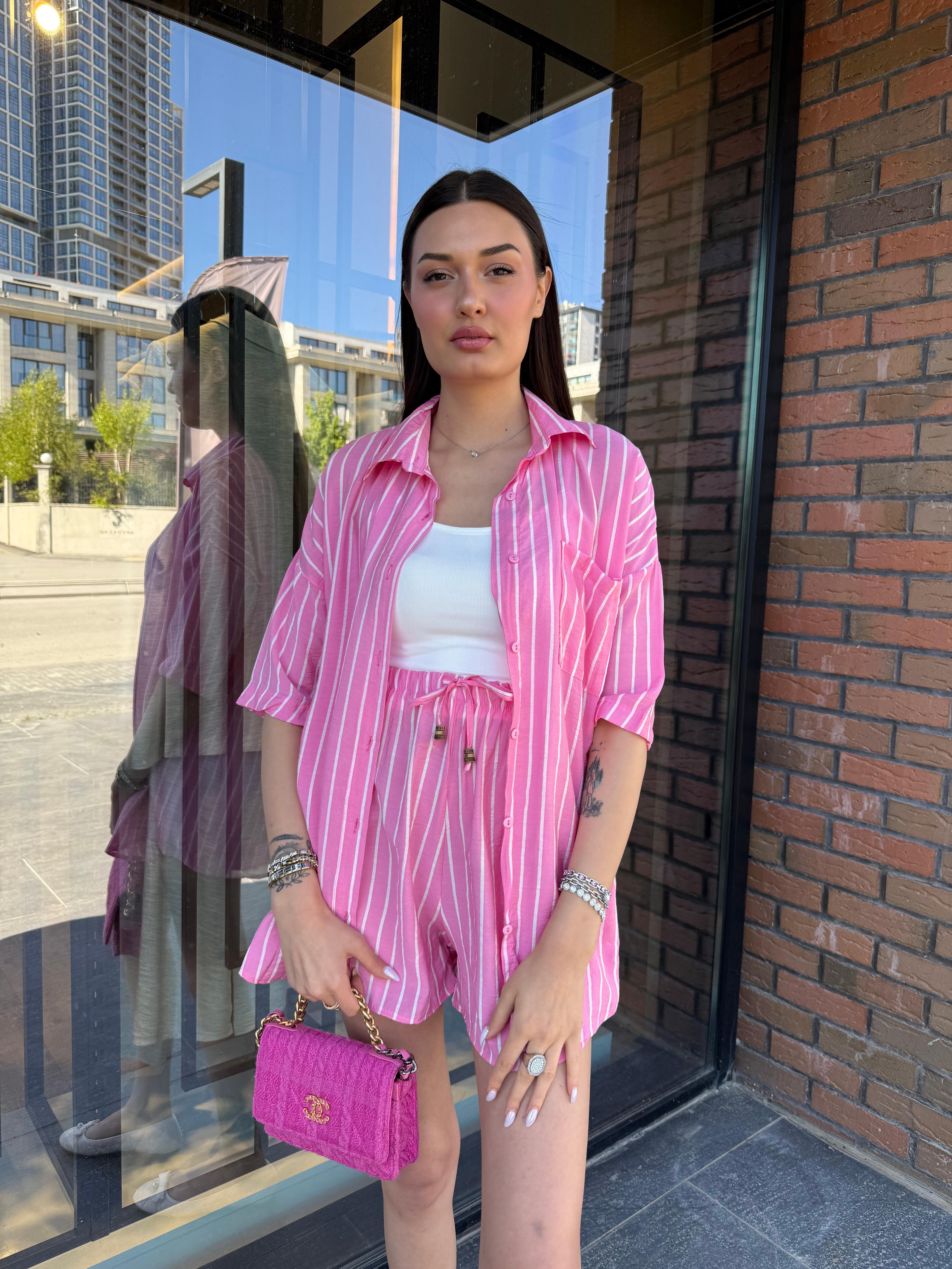 Çizgili Şortlu Keten Takım - Pembe