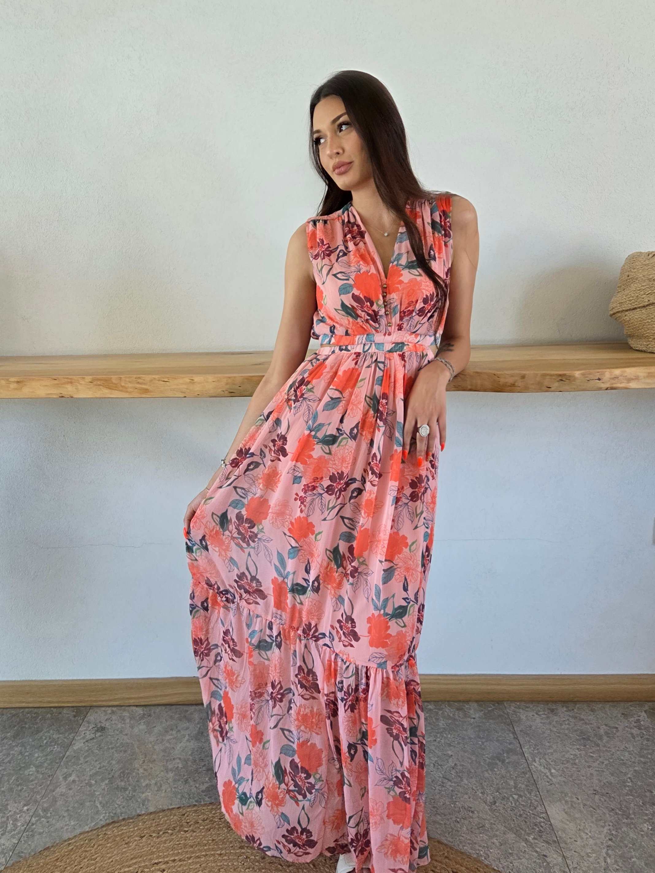 Pencere Detaylı Çiçekli Şifon Elbise