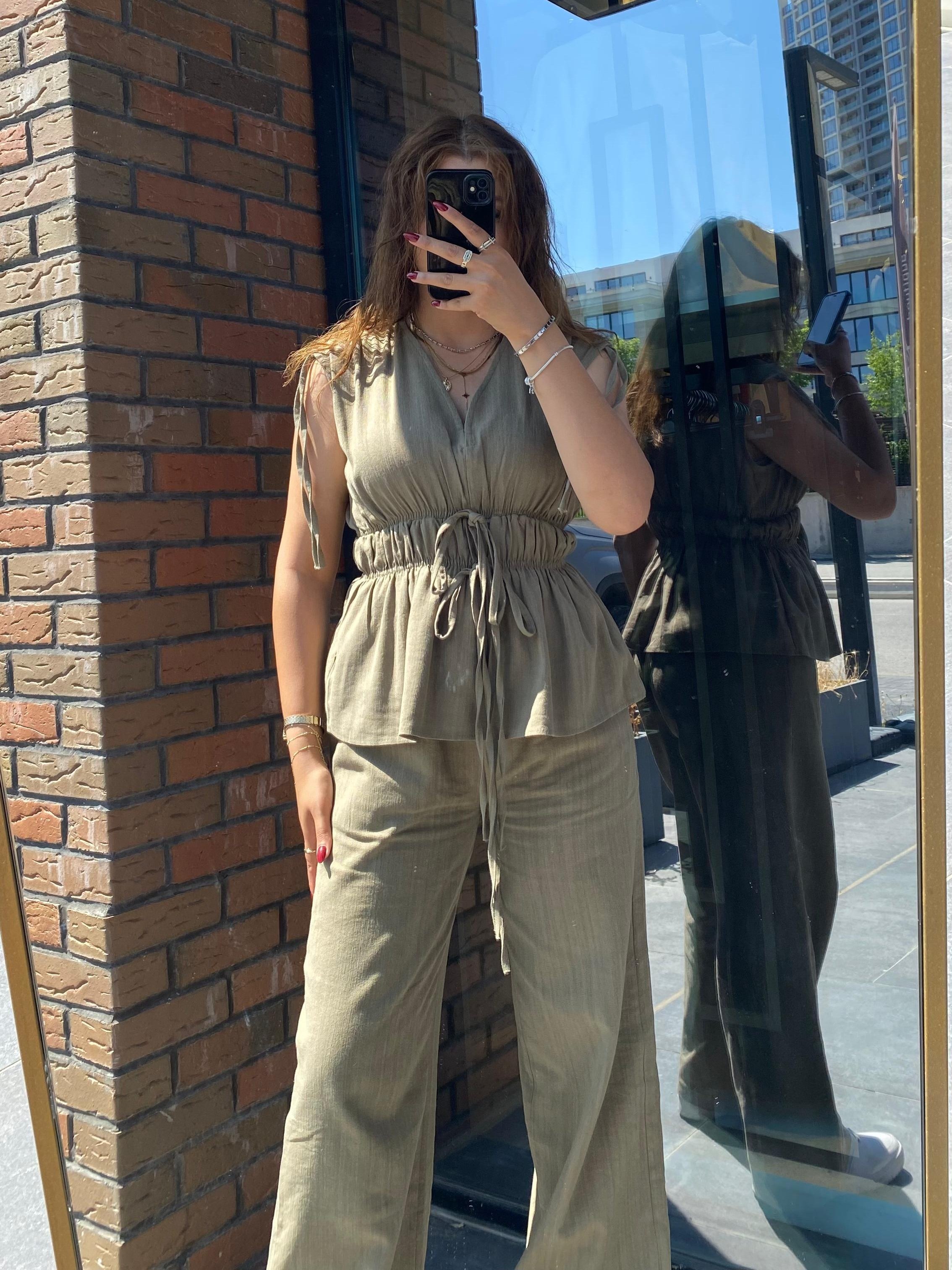 Lastik Detaylı Bluz Pantolon Takım - Haki