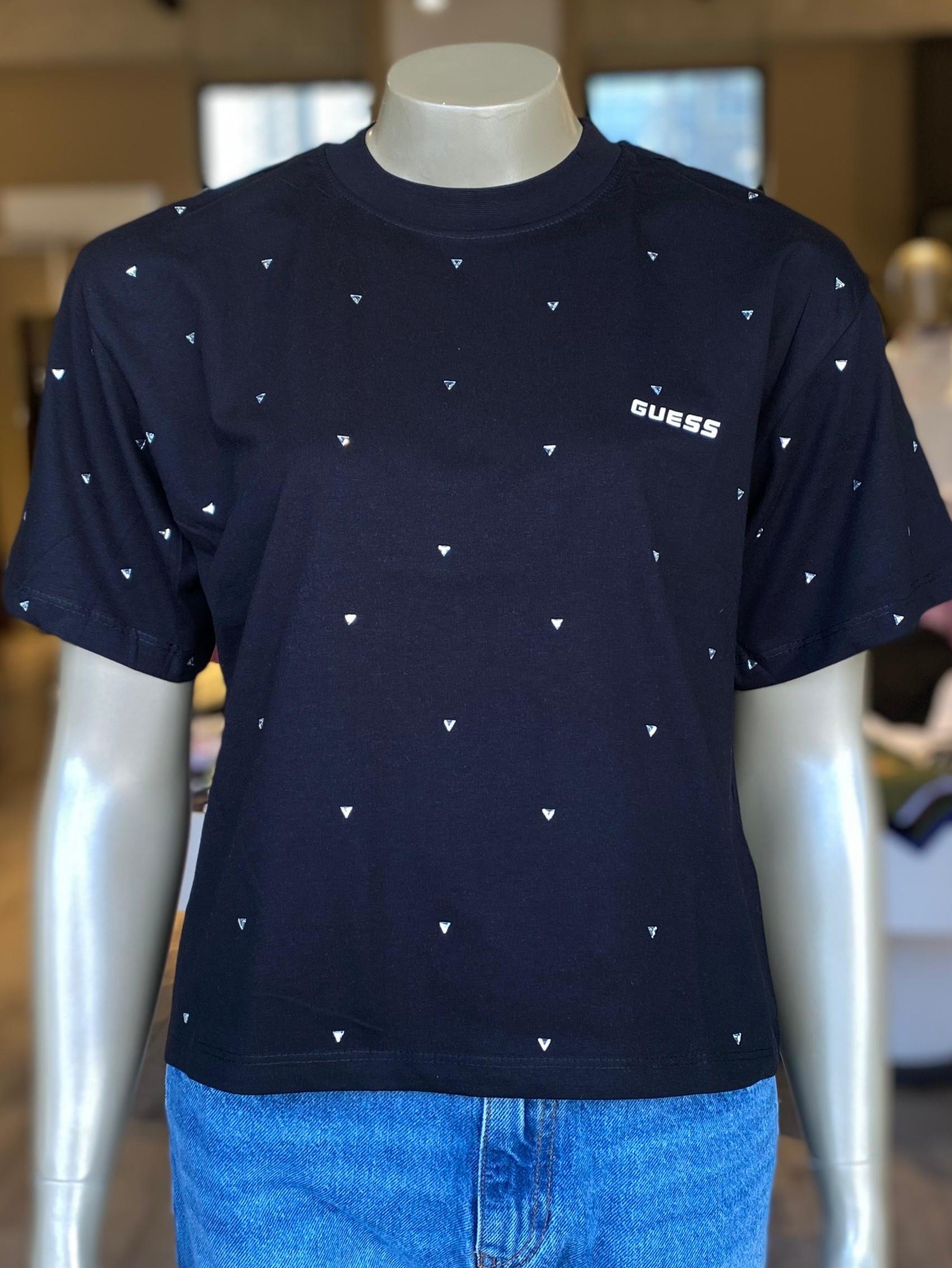 Marka Taşlı Yazılı T-shirt  - Siyah