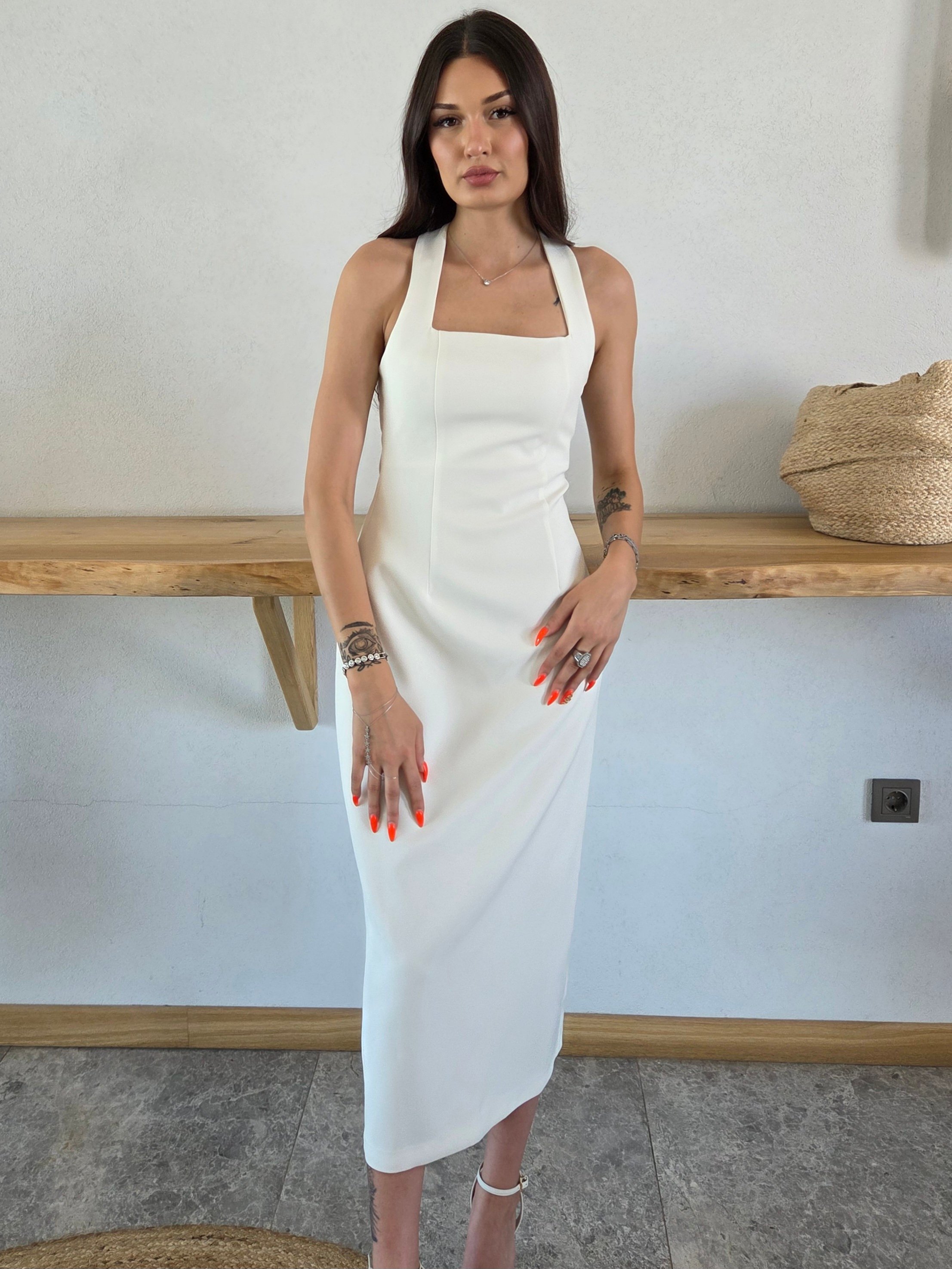 Halter Yaka Midi Elbise - Beyaz
