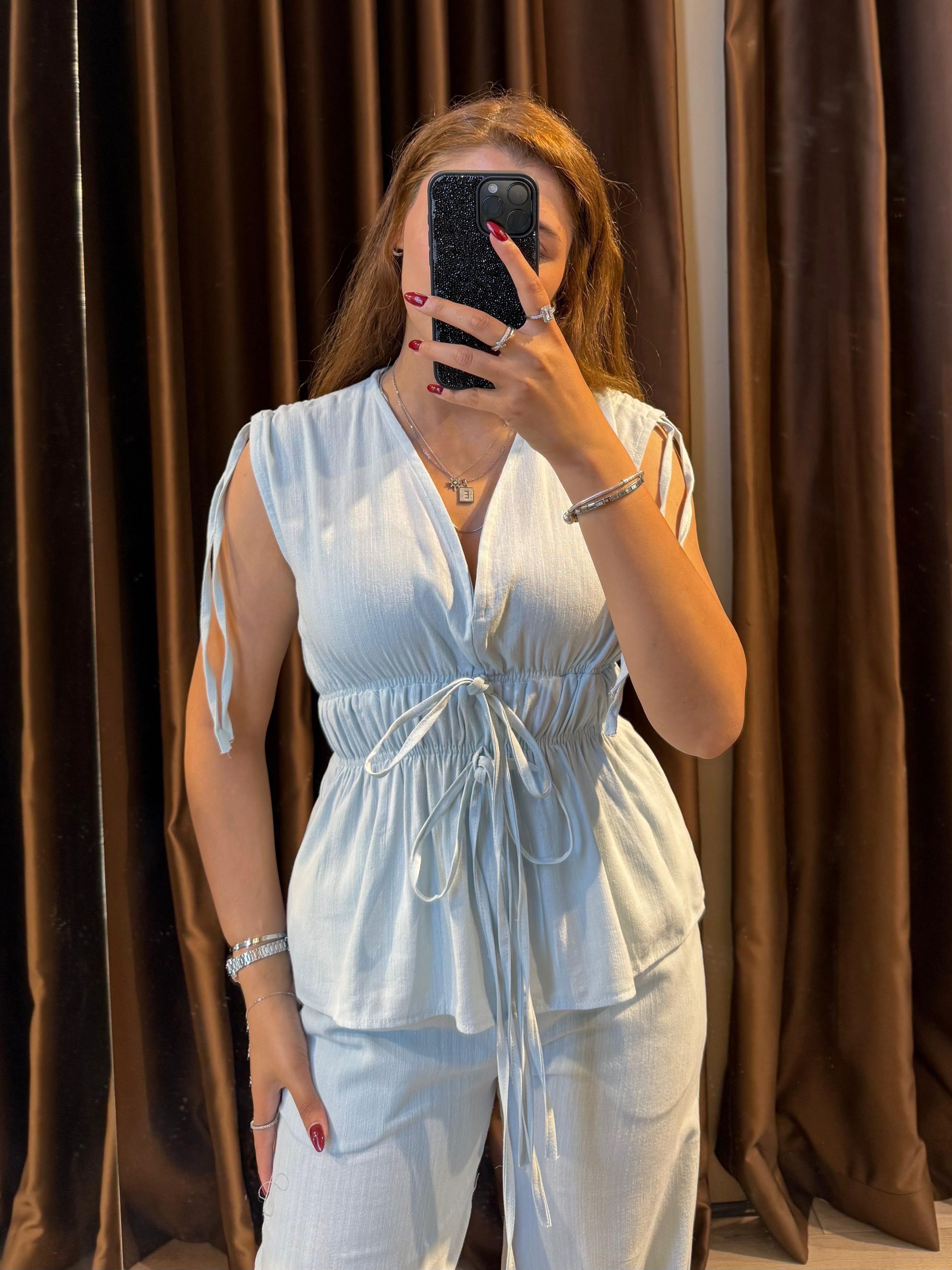 Lastik Detaylı Bluz Pantolon Takım - Bebek Mavisi
