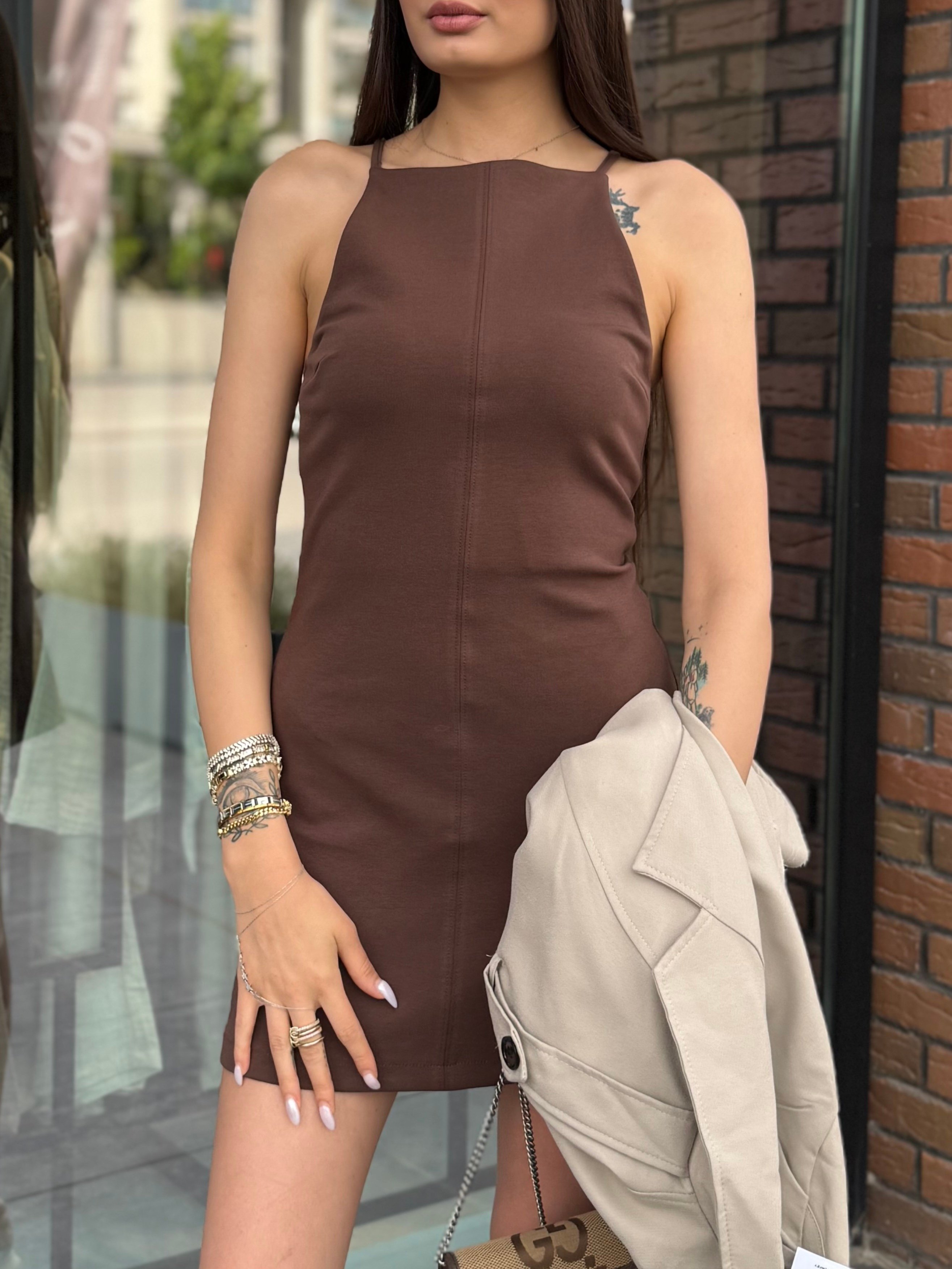 Halter Yaka Elbise - Kahverengi