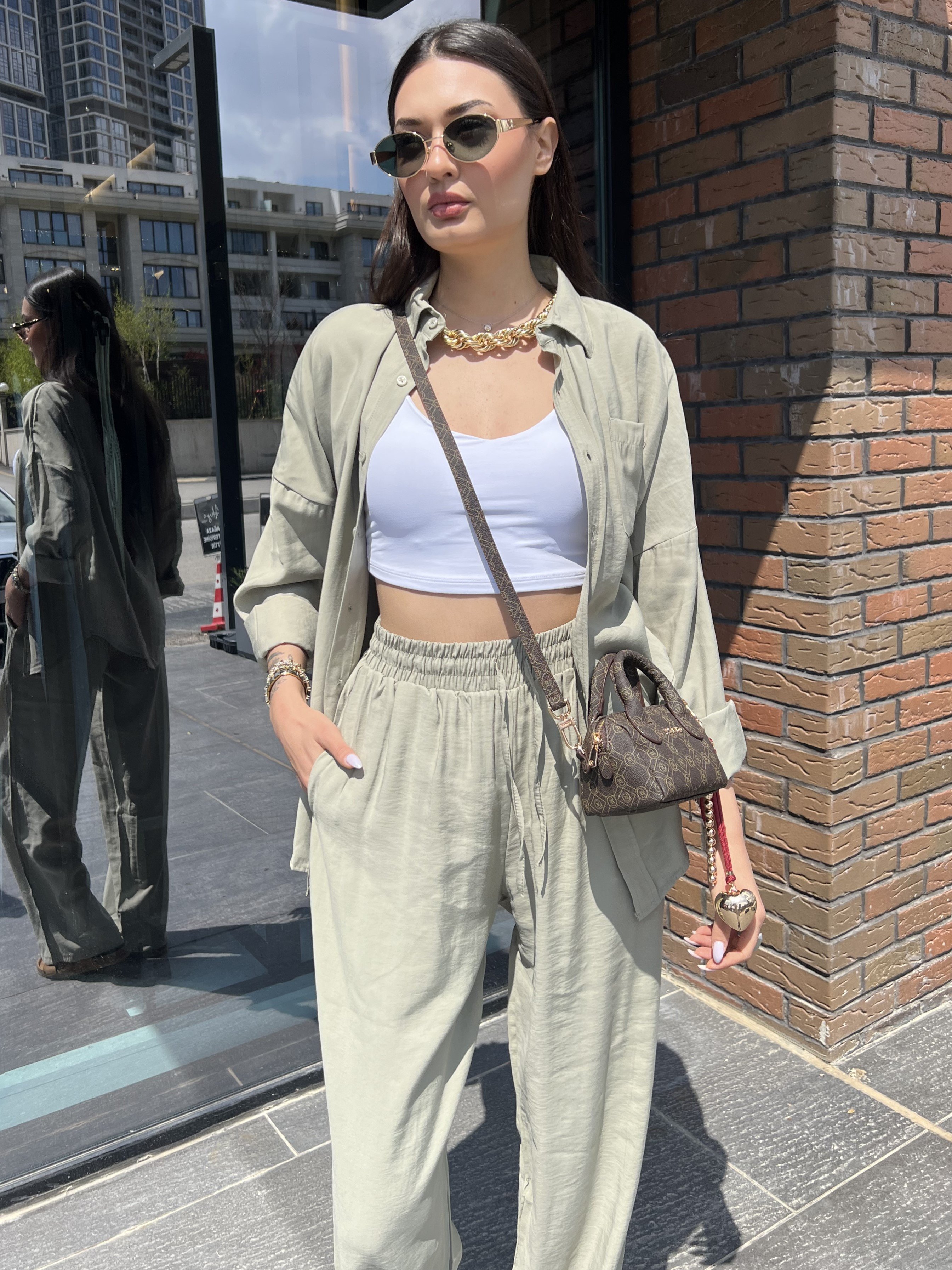 Tencel Oversize Gömlekli Takım - Haki