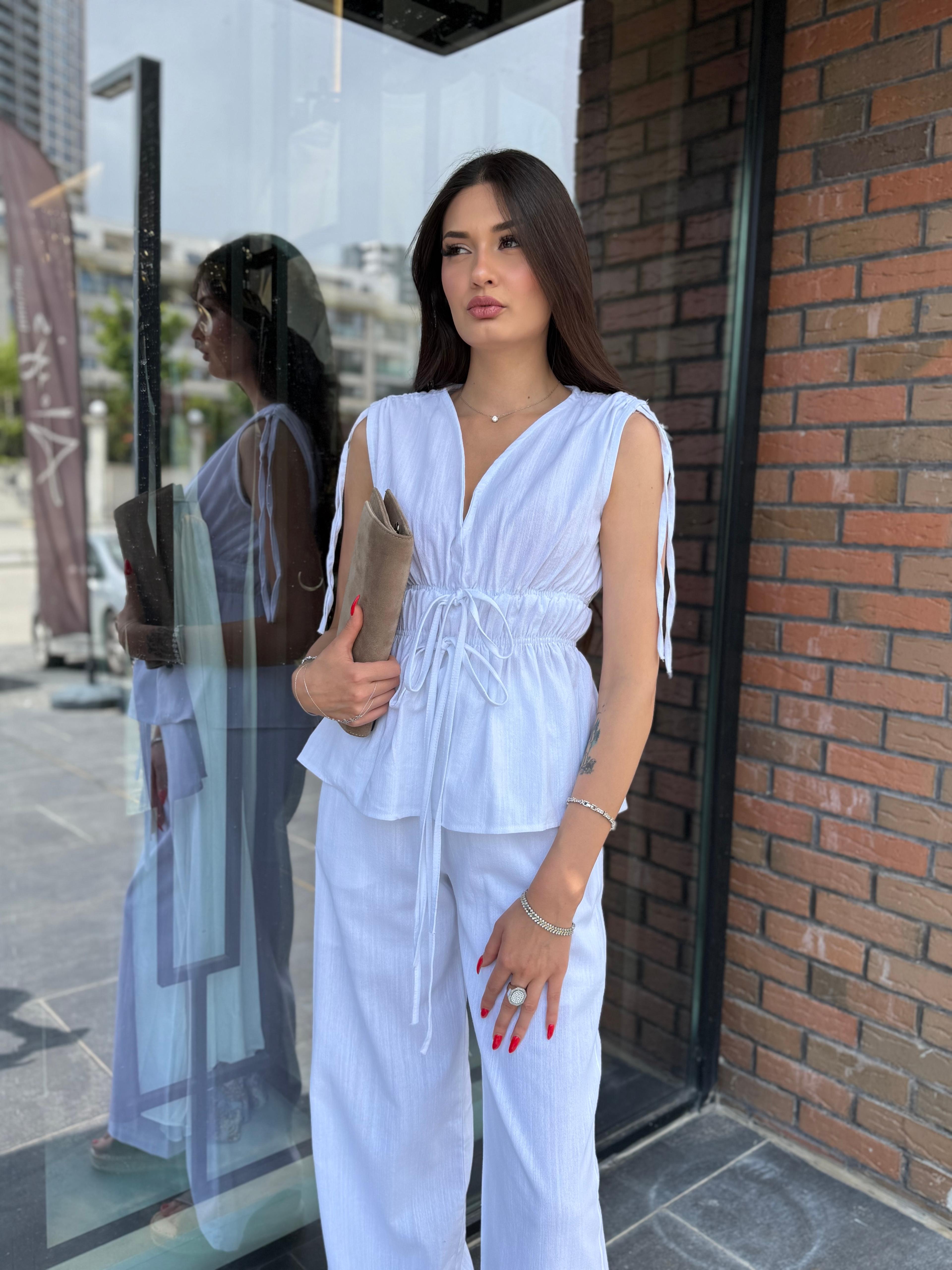 Lastik Detaylı Bluz Pantolon Takım - Beyaz