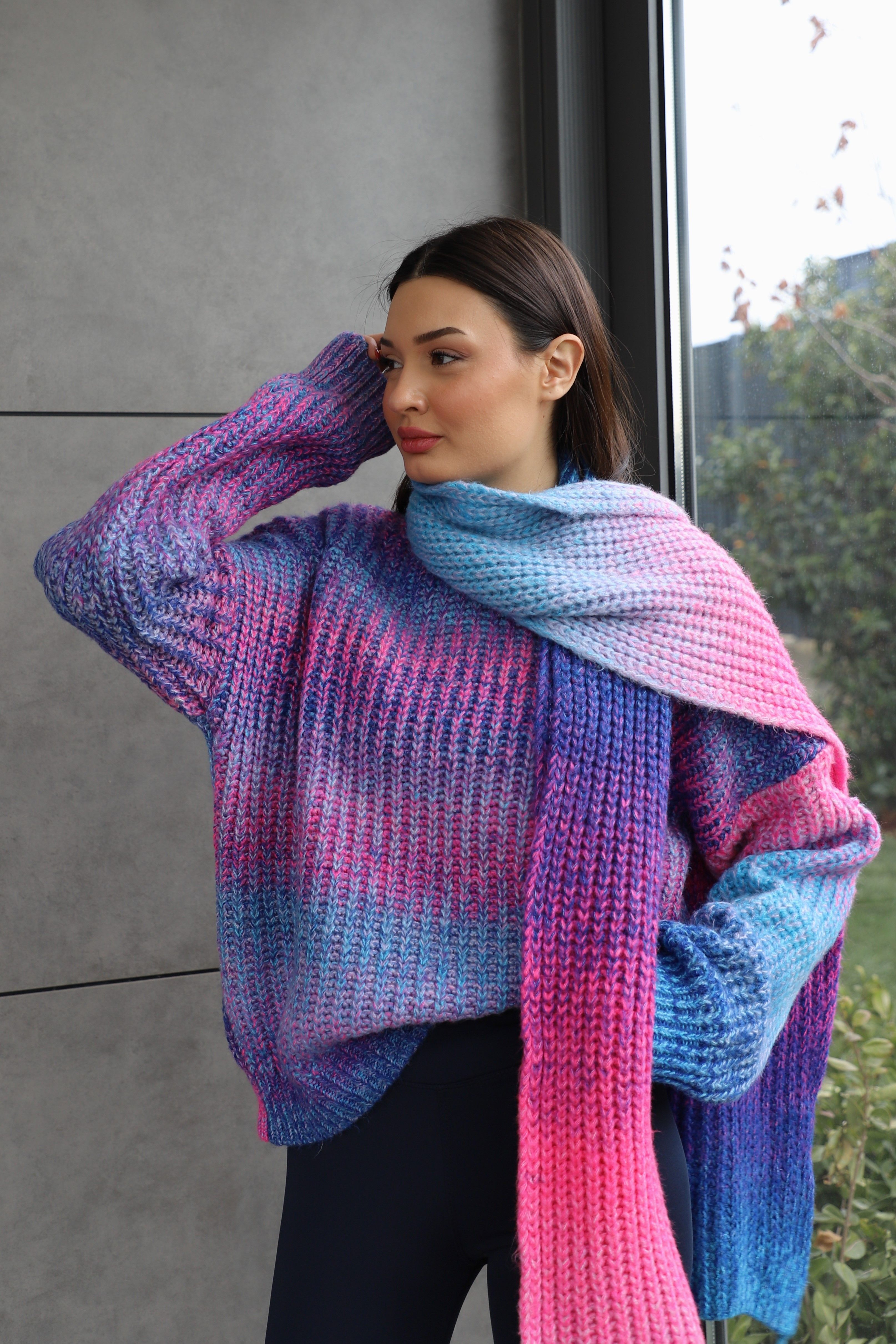 Mulineli Atkılı Oversize Triko - Fuşya