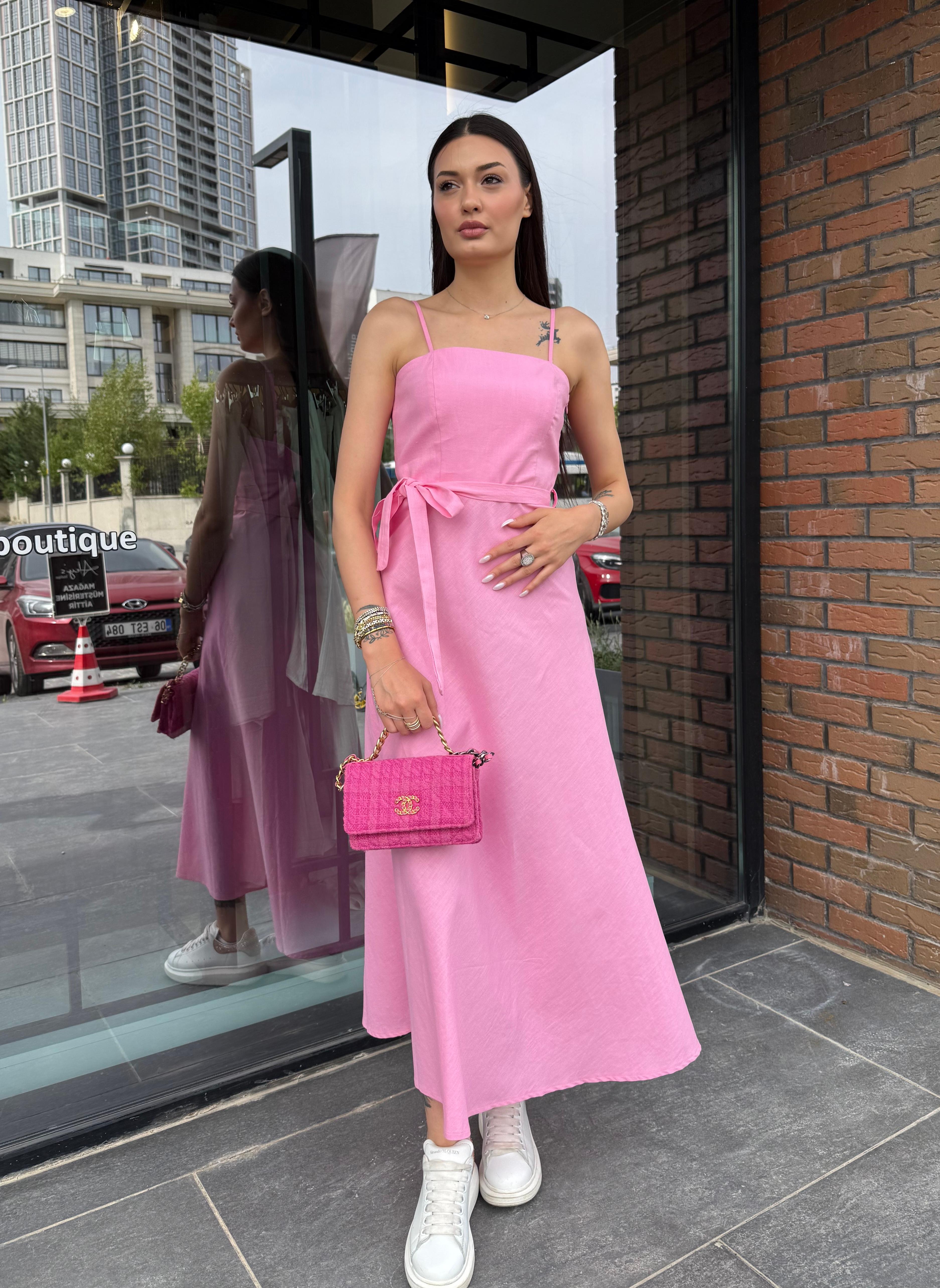 Askılı Kuşaklı Elbise  - Pembe