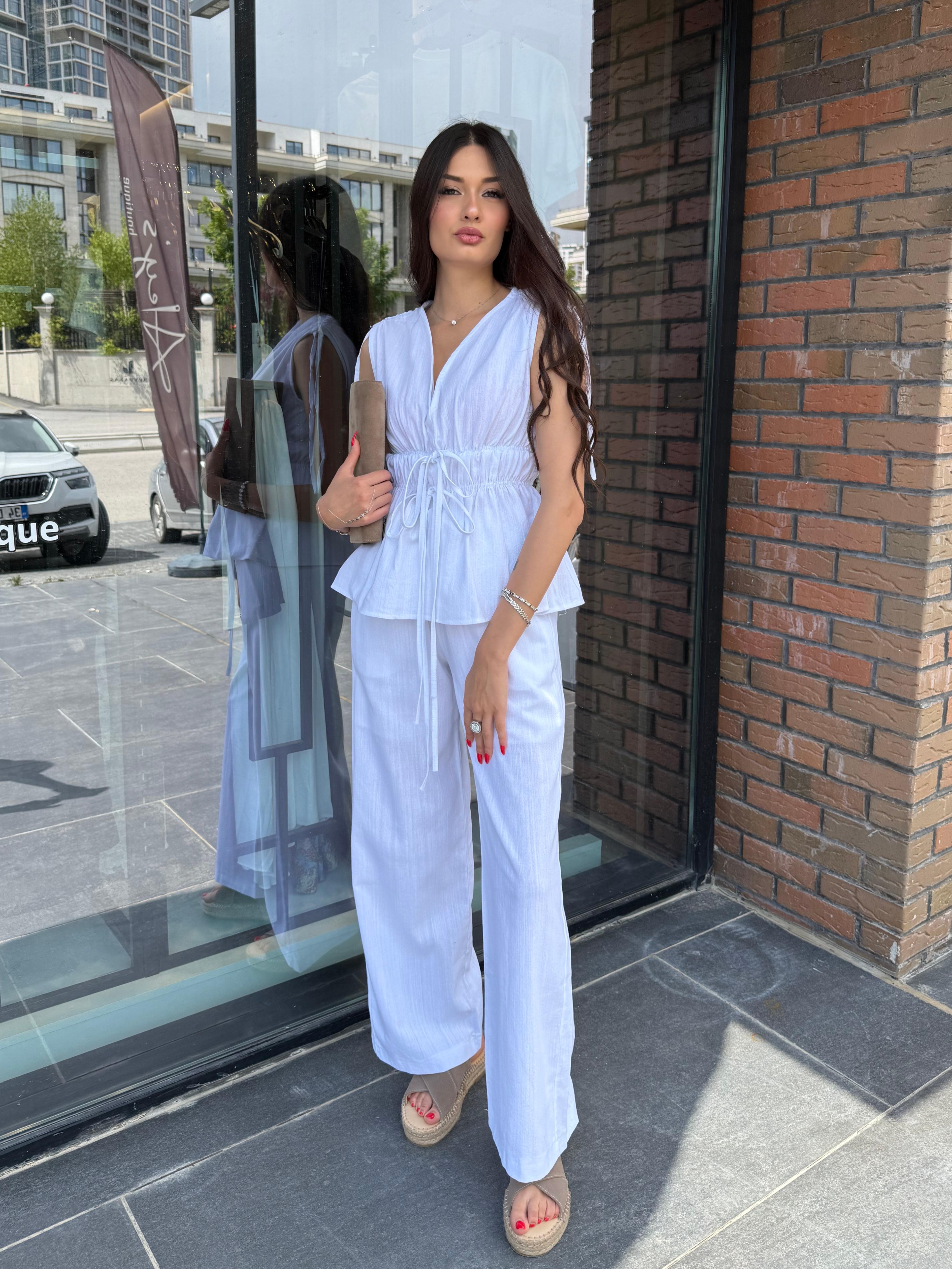 Lastik Detaylı Bluz Pantolon Takım
