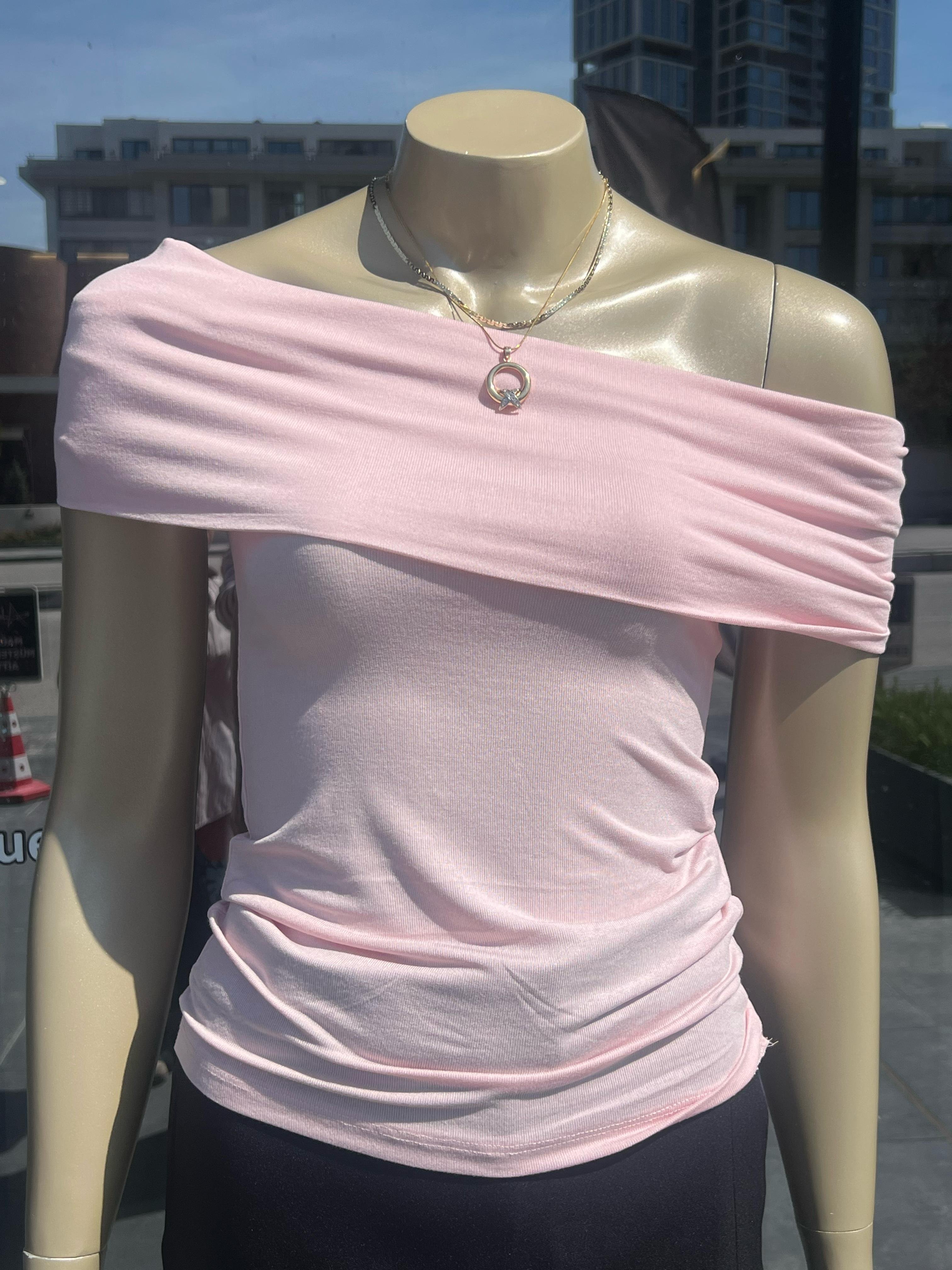 Omuz Düşük Drape Bluz - Pembe