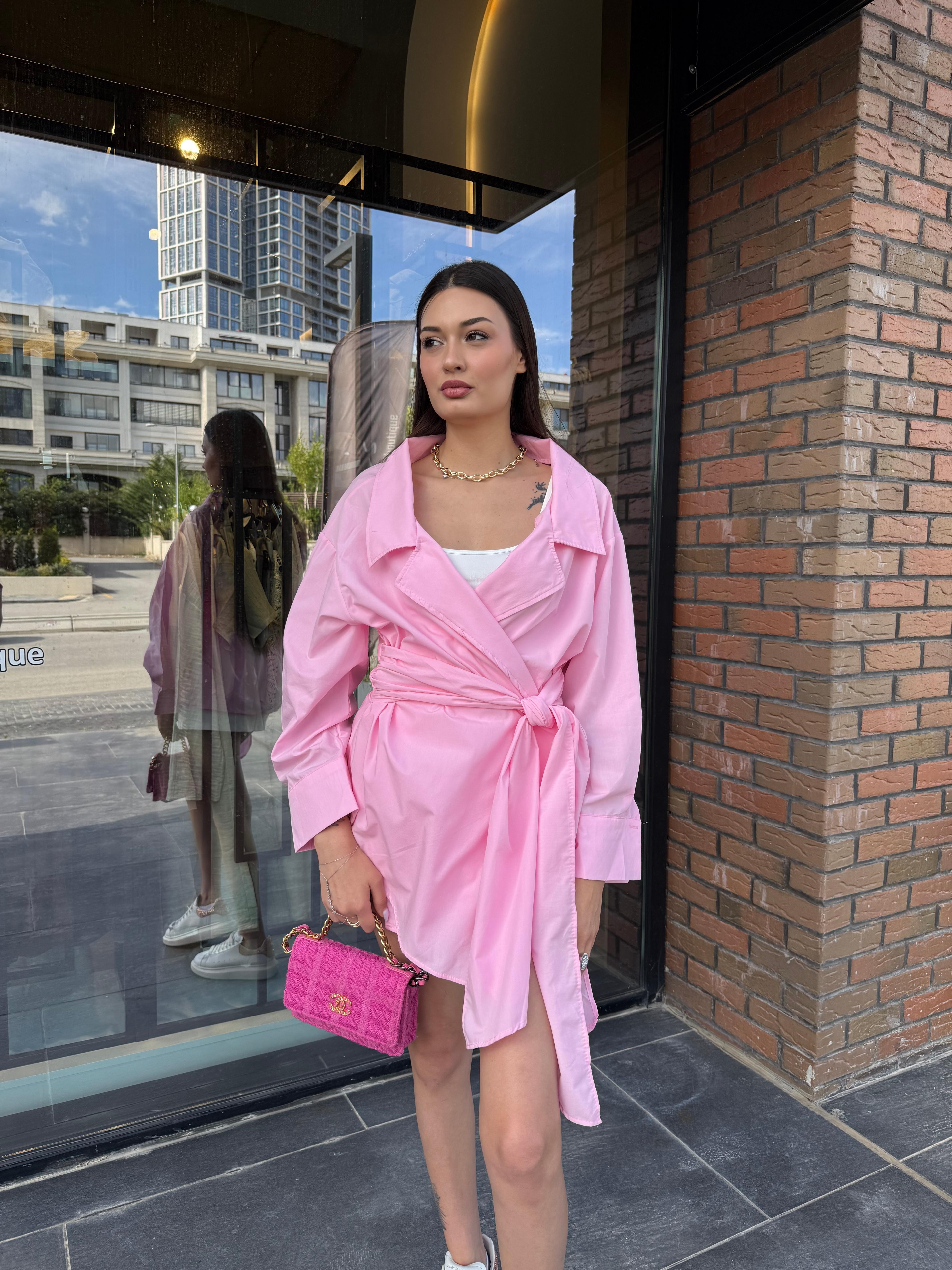 Bağlamalı Uzun Gömlek - Pembe