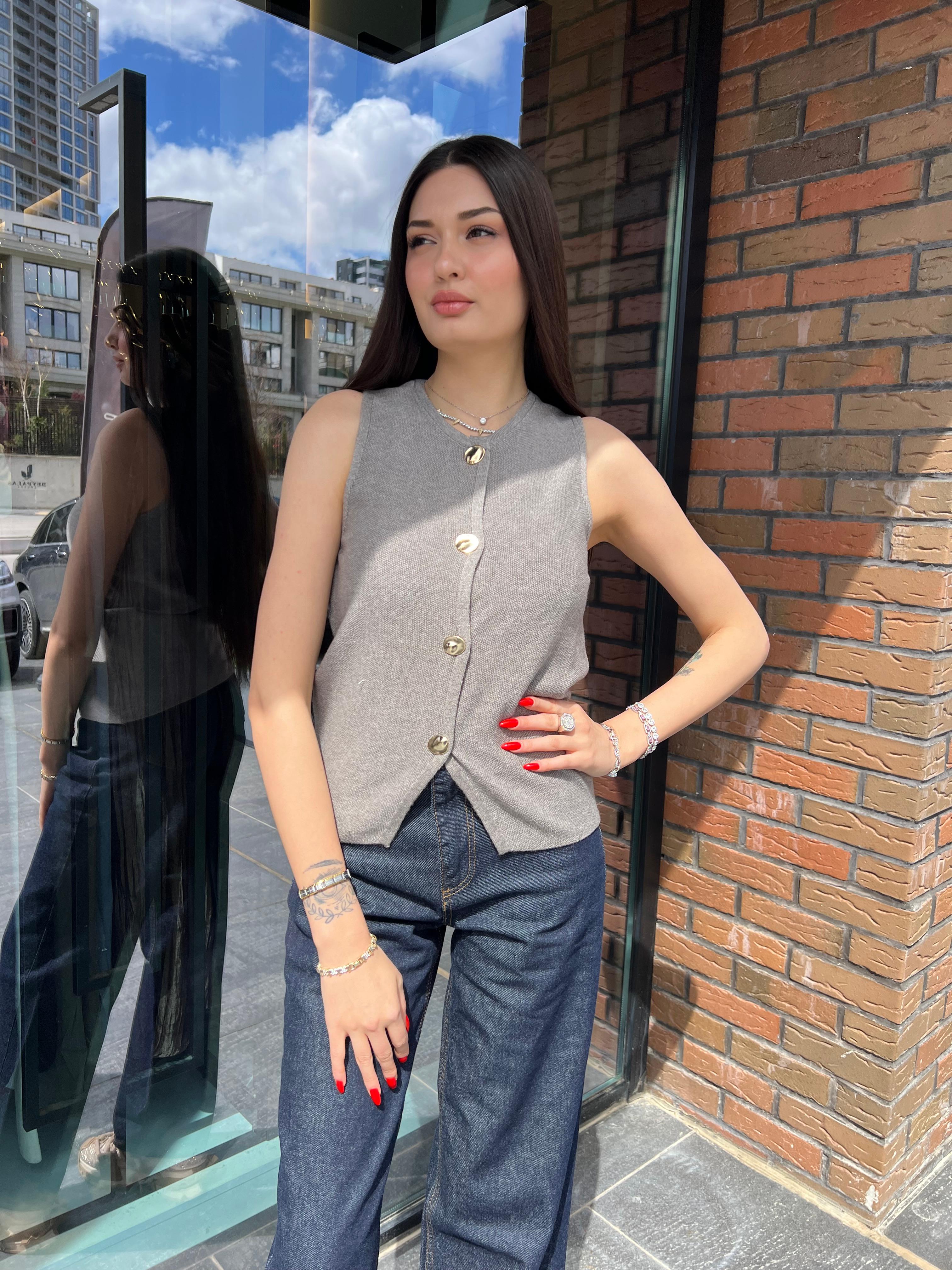 Triko Pamuk Yelek - Gri