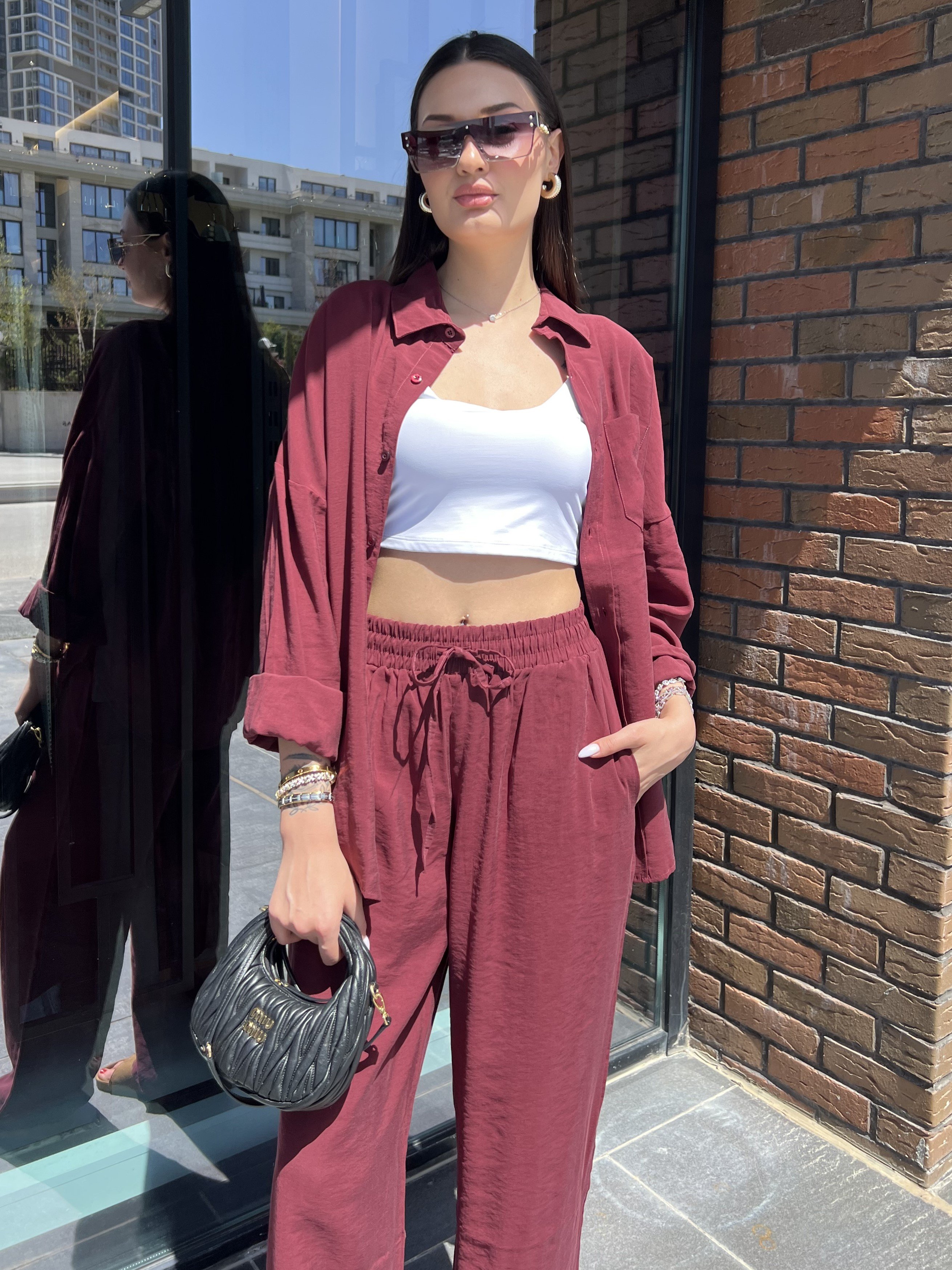 Tencel Oversize Gömlekli Takım - Bordo