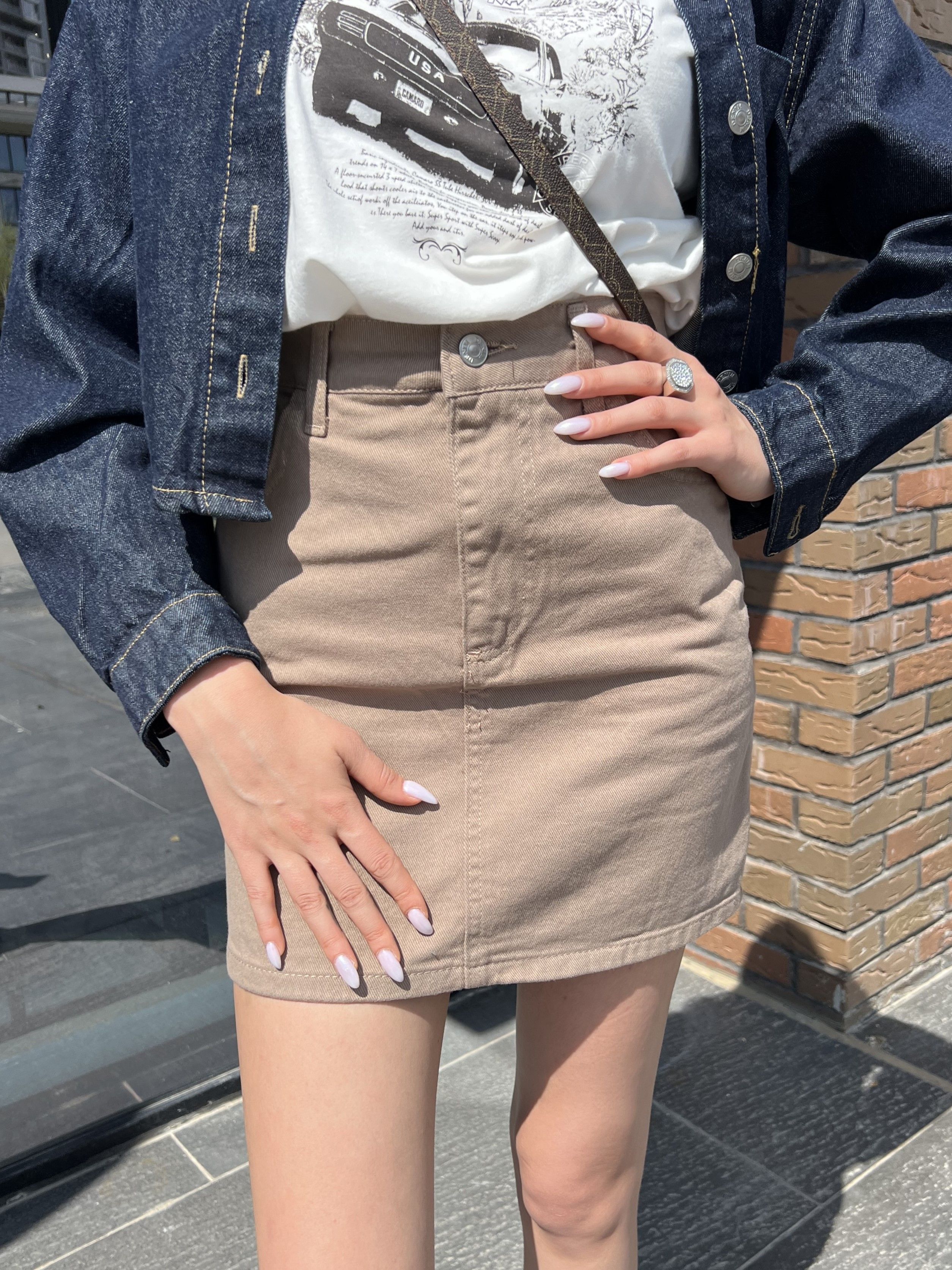 Mini Denim Etek  - Bej