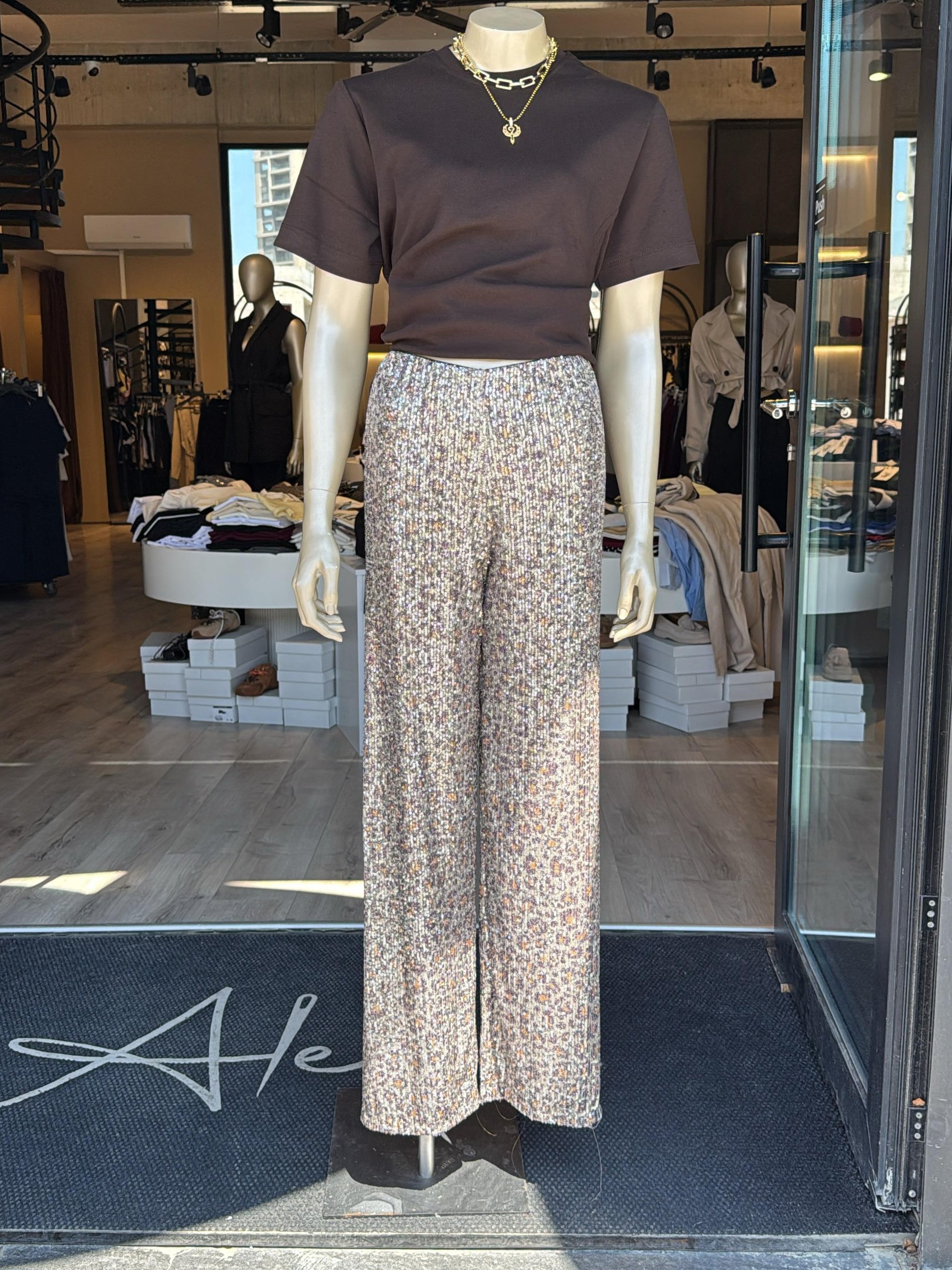 Payetli Leopar Desenli Bol Pantolon  - Bej