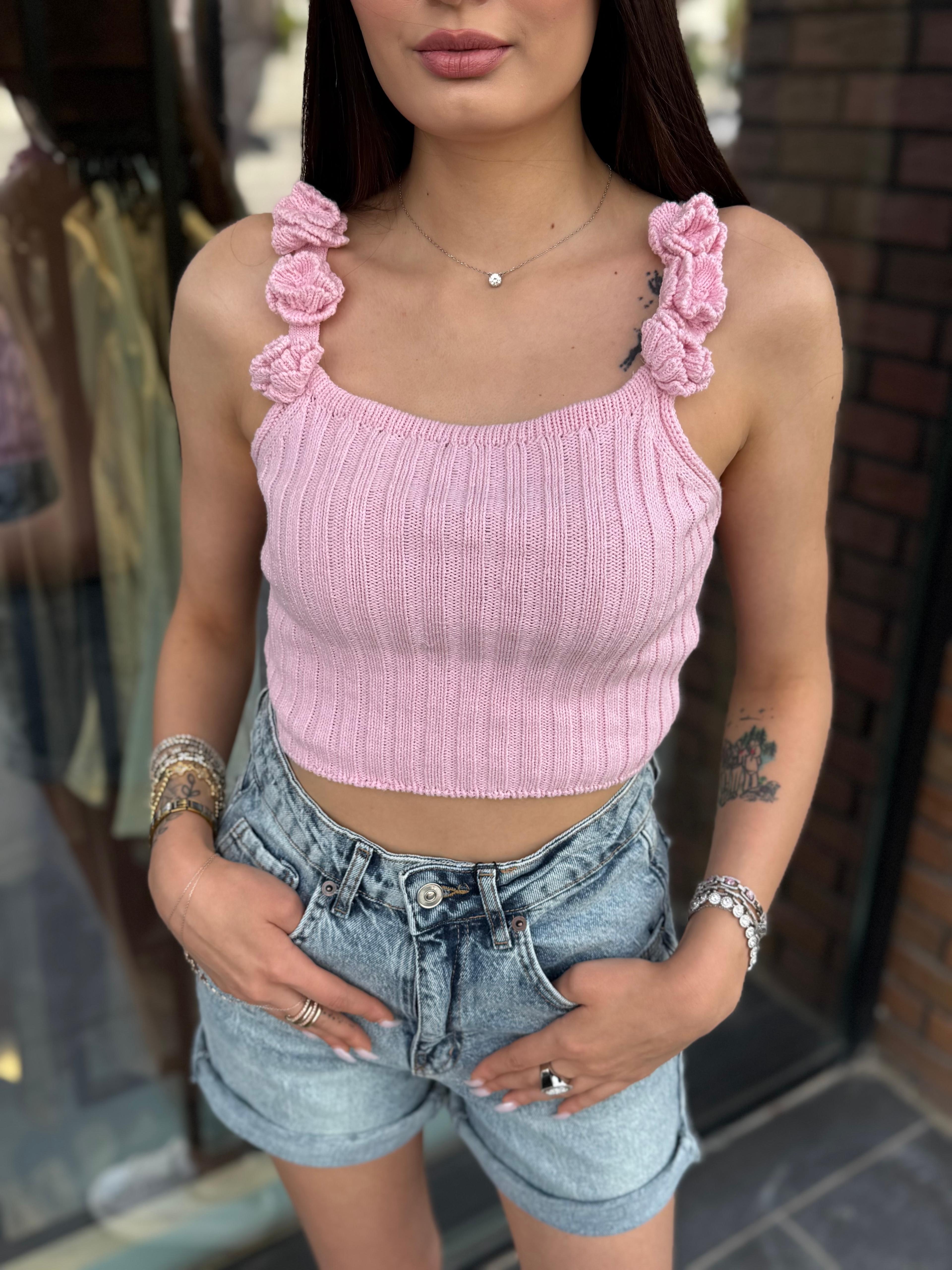 Çiçekli Askılı Crop Triko