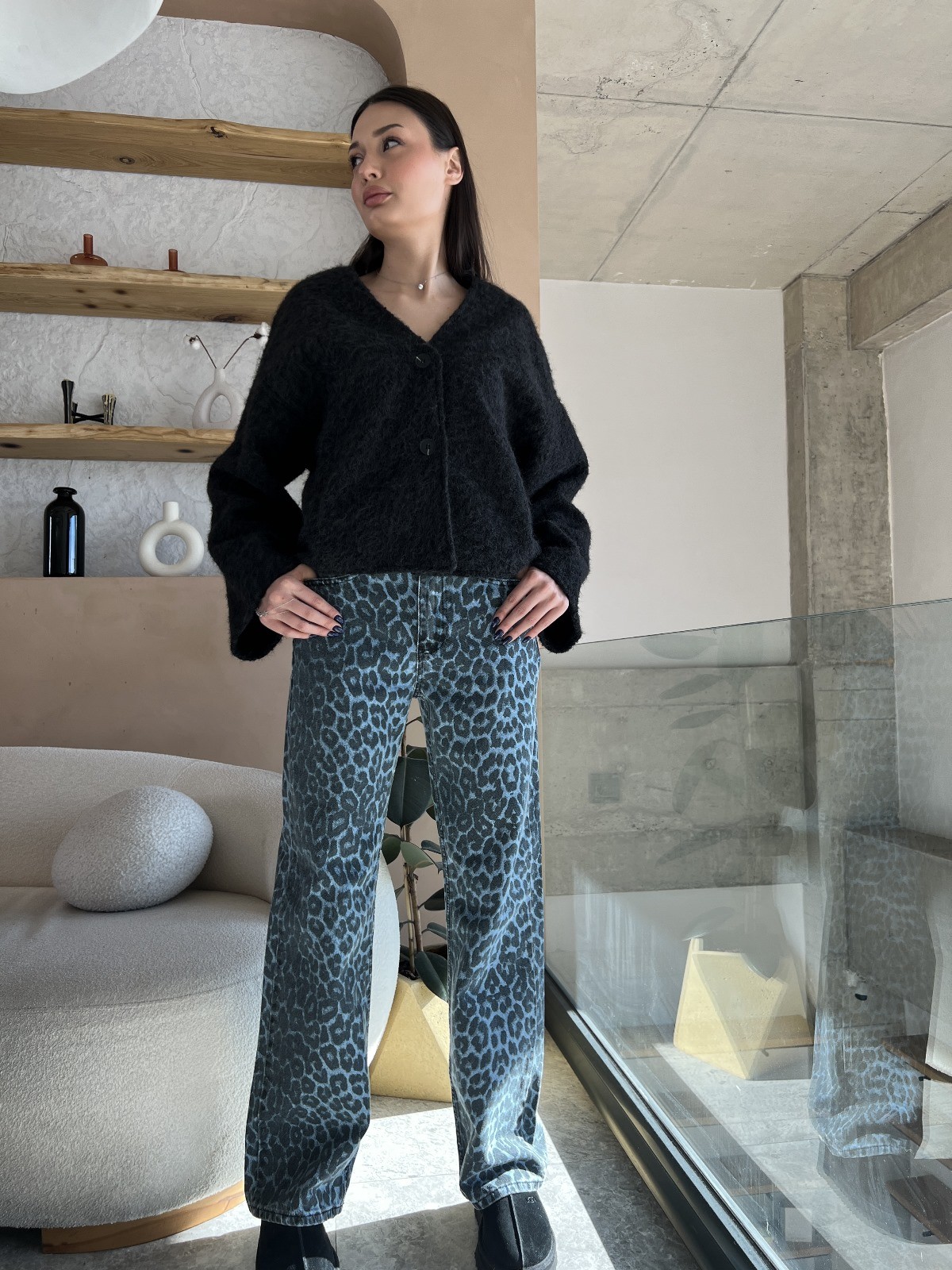 Mavi Leopar Desenli Pantolon