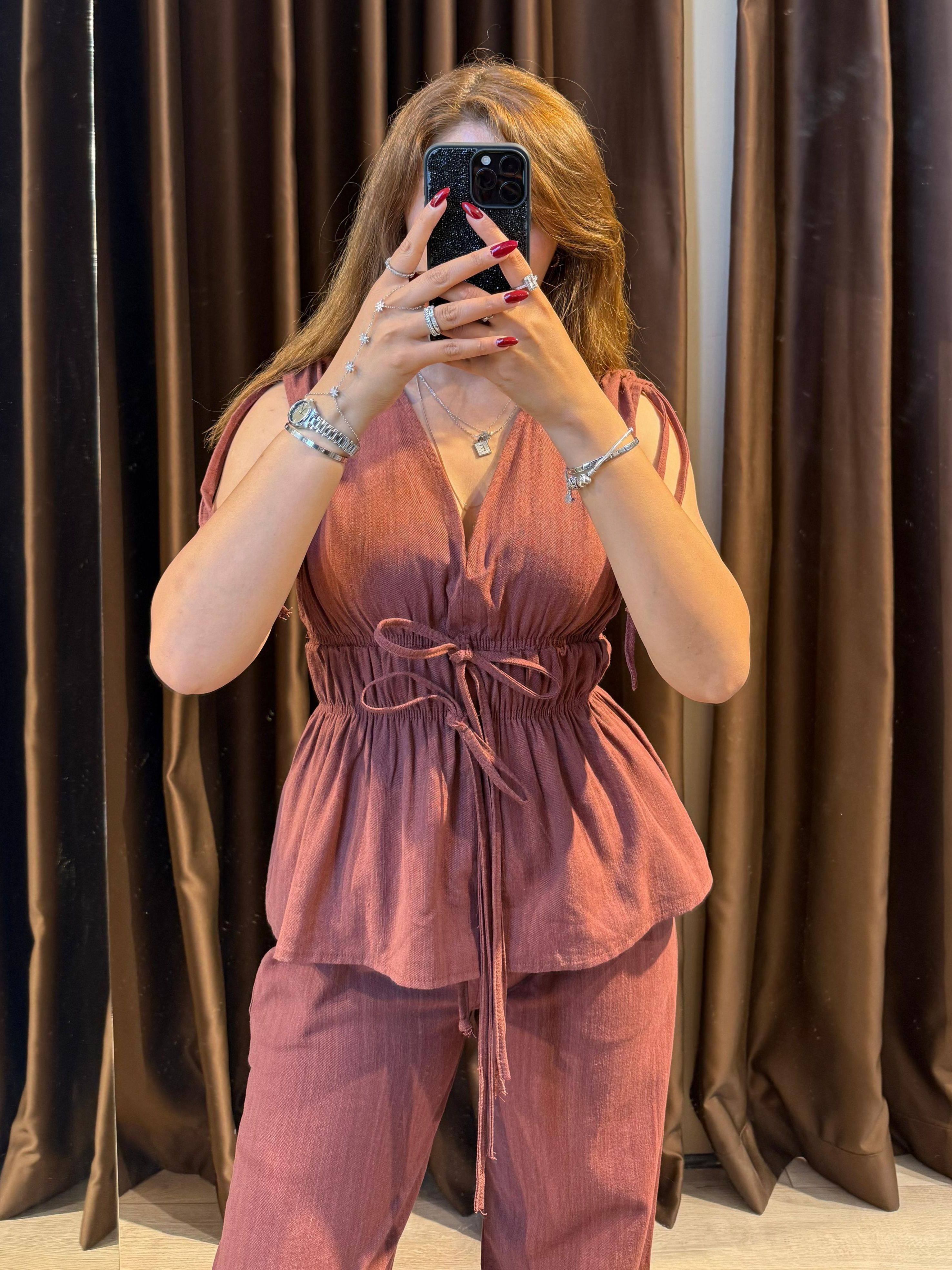 Lastik Detaylı Bluz Pantolon Takım - Kiremit