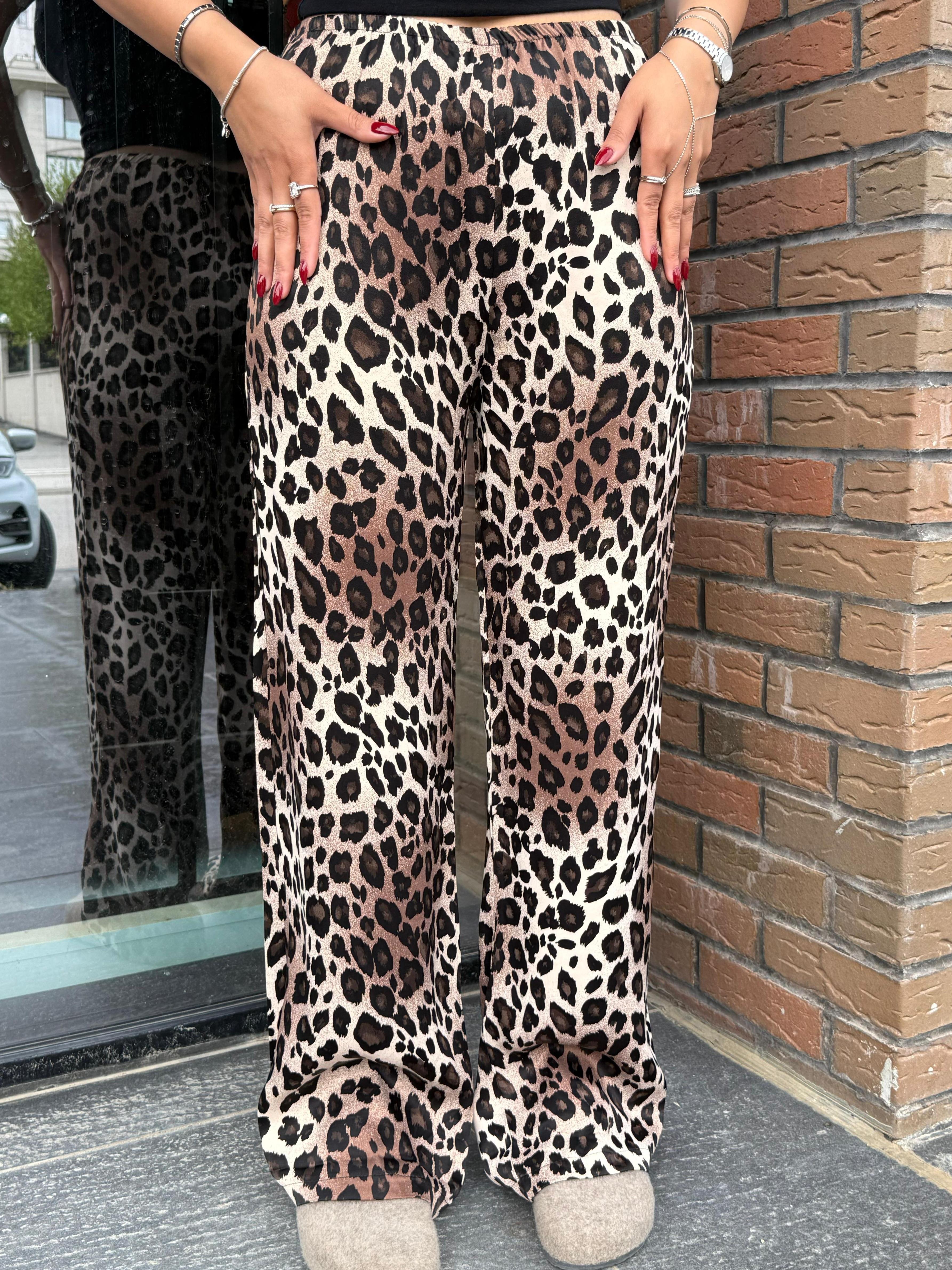 Bel Lastikli Leopar Desenli Pantolon  - Kahverengi