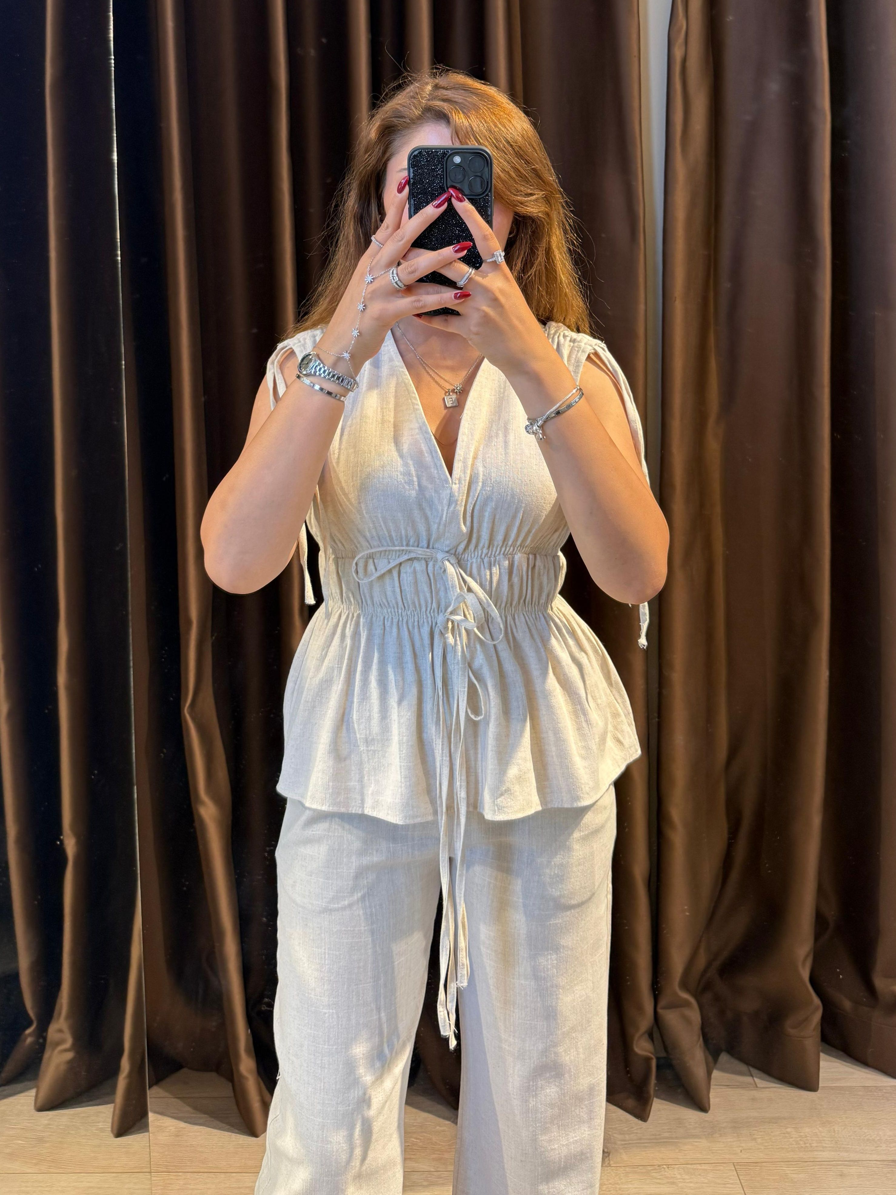 Lastik Detaylı Bluz Pantolon Takım - Bej