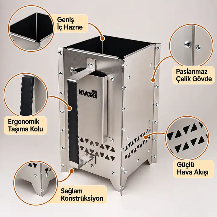 KVOX FORGE Hızlı Mangal Kömürü Hazırlama Bacası - Paslanmaz Çelik
