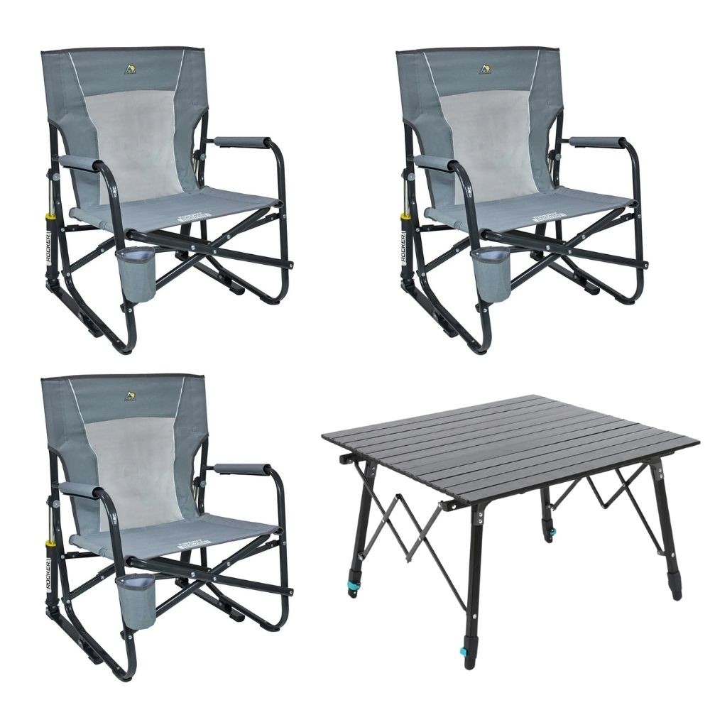 Kampın VIP Seti: 3x Gci Firepit Amortisörlü Sandalye - 1 Madfox Skylite Yüksekliği Ayarlanabilir Masa