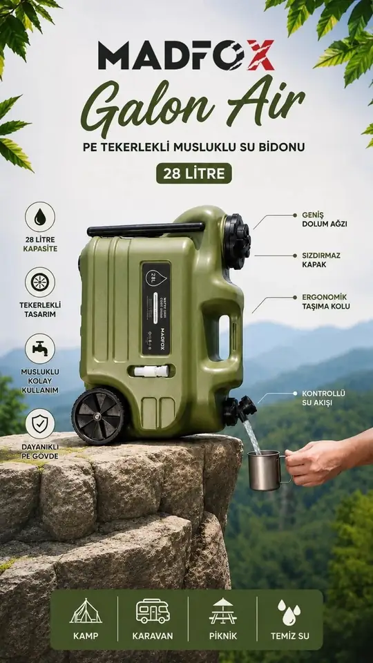 Madfox Galon Air PE Tekerlekli Musluklu Su Bidonu 28 Litre