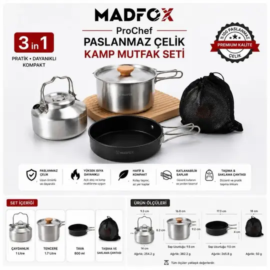 Madfox ProChef 3IN1 Paslanmaz Çelik Kamp Mutfak Seti