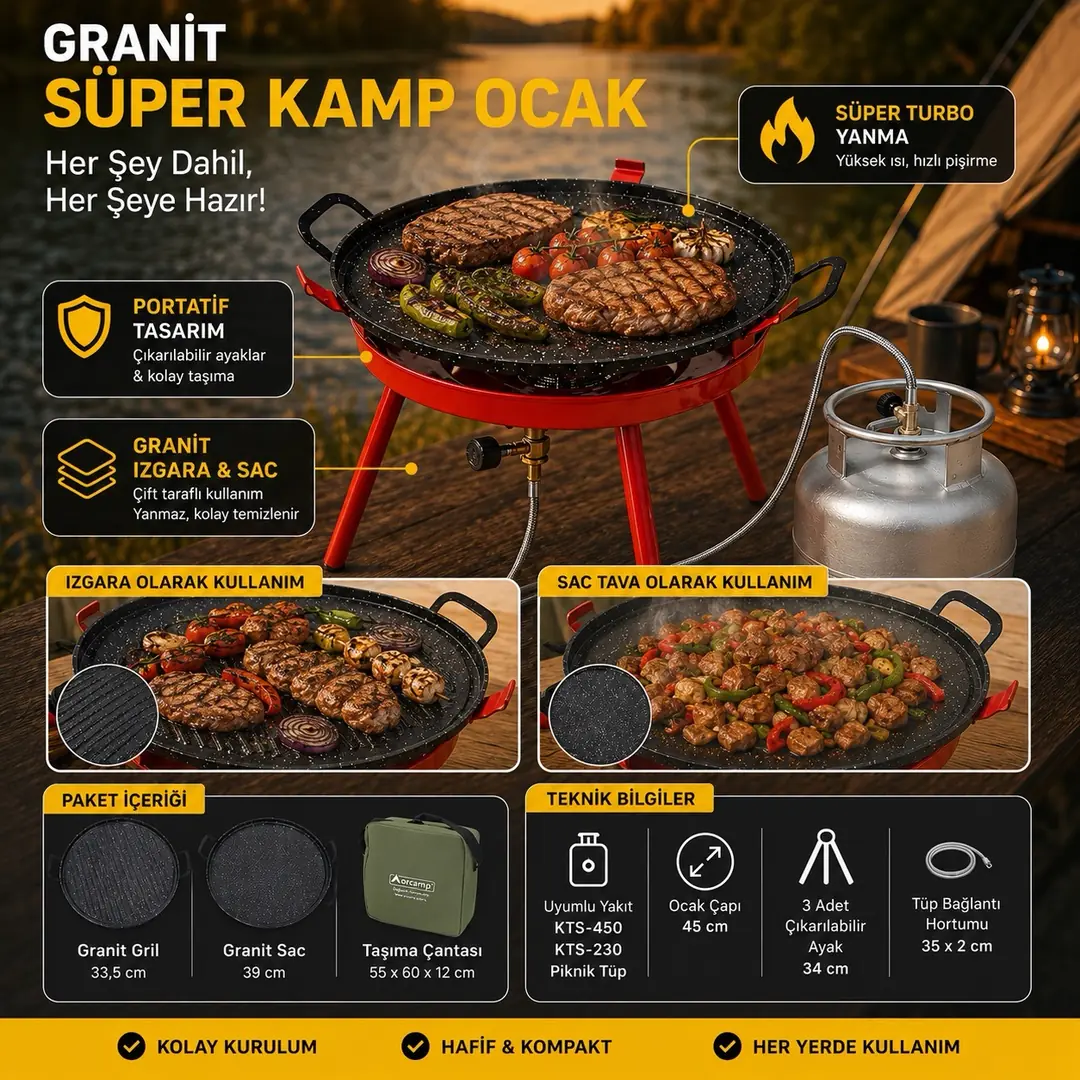 Süper Ocak Granit Kamp Seti (Ocak, Mangal, Izgara, Ekmek Pişirme) - Çantalı — 2