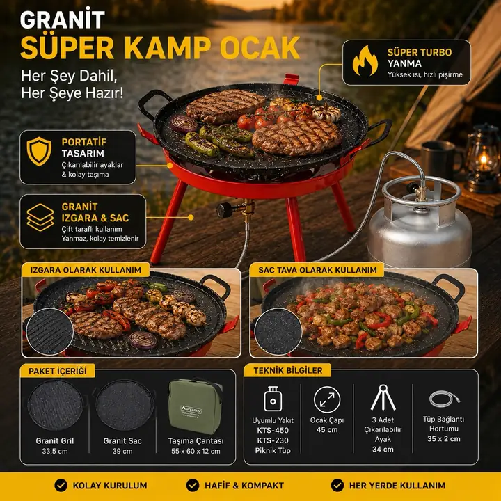 Süper Ocak Granit Kamp Seti (Ocak, Mangal, Izgara, Ekmek Pişirme) - Çantalı — 2