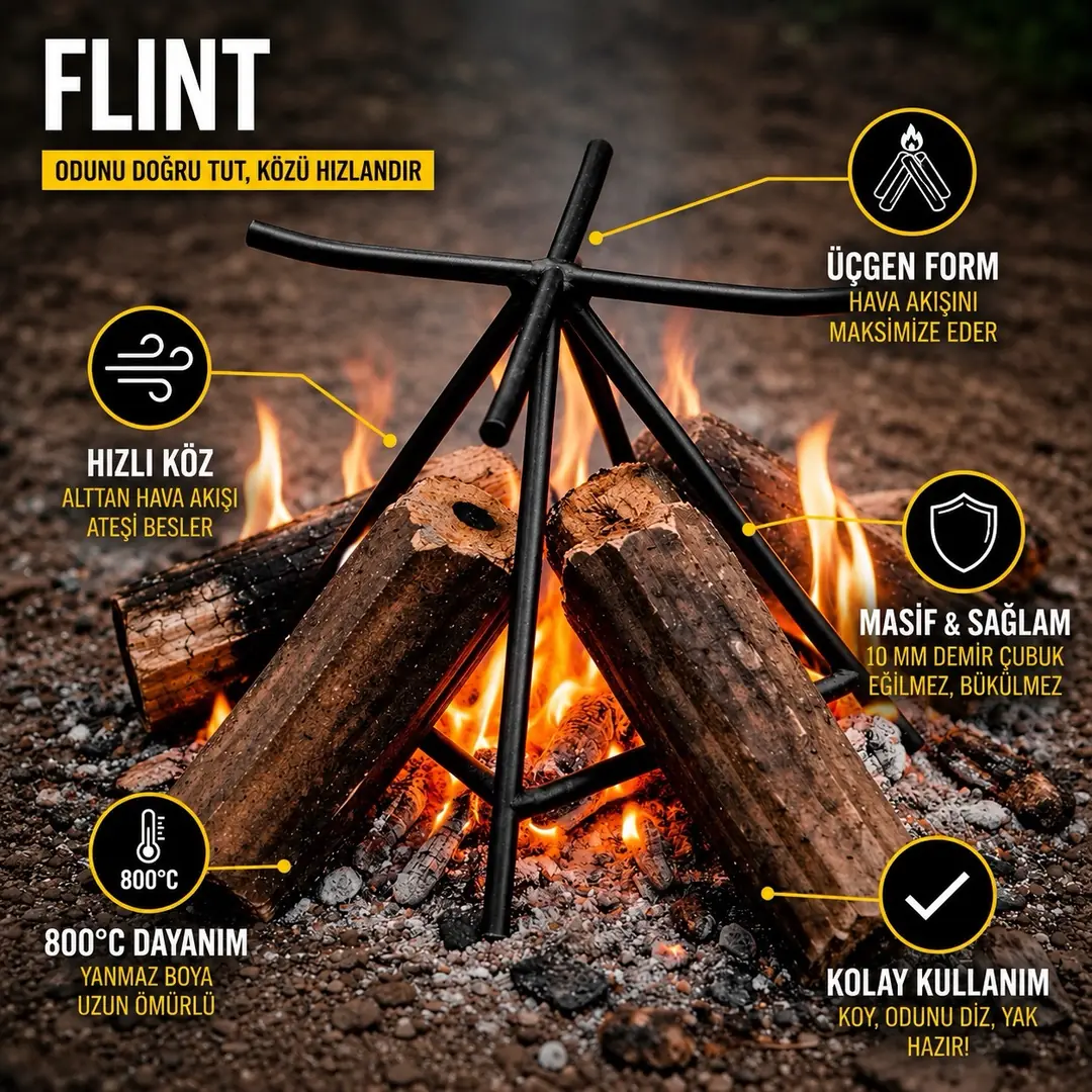 Kvox Flint – Çok Amaçlı Demir Ateş Izgara Ayağı | Mangal, Ocak ve Şömine İçi Odun Tutucu — 2