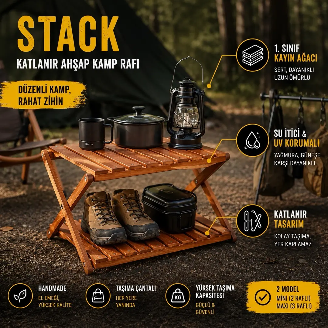 Kvox Stack Katlanır Çok Amaçlı Ahşap Kamp Rafı - Handmade — 2