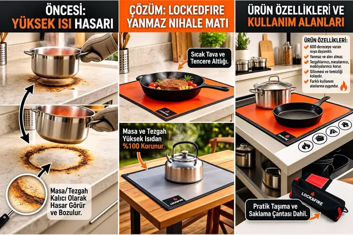 LOCKEDFIRE 700°C Yanmaz Mutfak Tezgah Koruyucu Mat - Isıya Dayanıklı Kamp Masa Üstü Koruma Örtüsü
