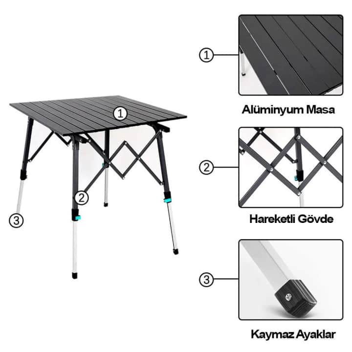 Madfox Skylite – Yükseklik Ayarlı Katlanır Kamp Masası (70×70×45-70 cm) — 5