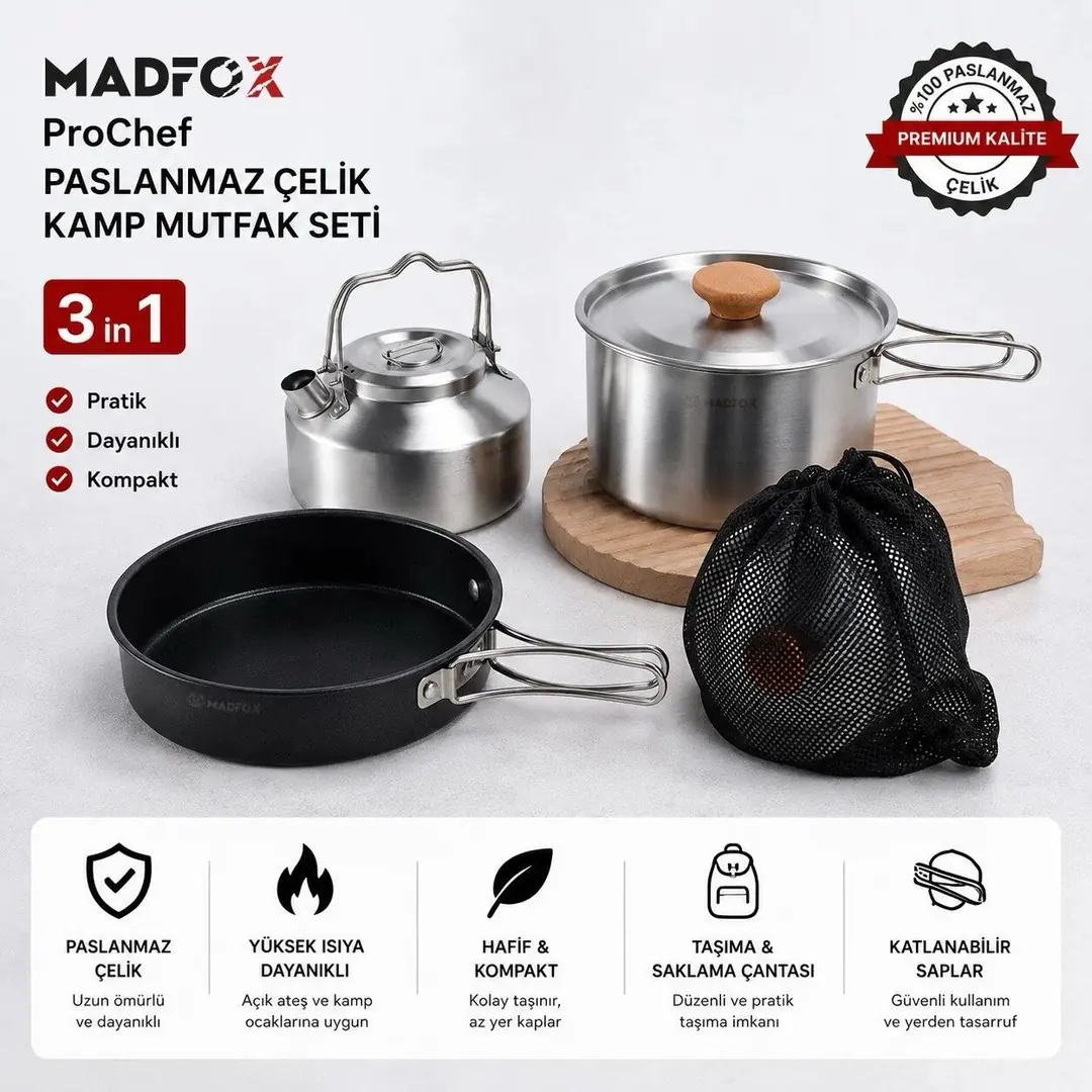 Madfox ProChef 3IN1 Paslanmaz Çelik Kamp Mutfak Seti — 3