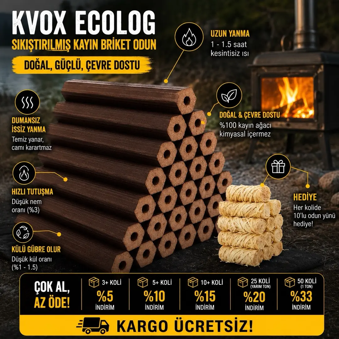 Kvox Ecolog Katkısız Sıkıştırılmış %100 Kayın Briket Şömine ve Kamp Odunu - 20KG — 2