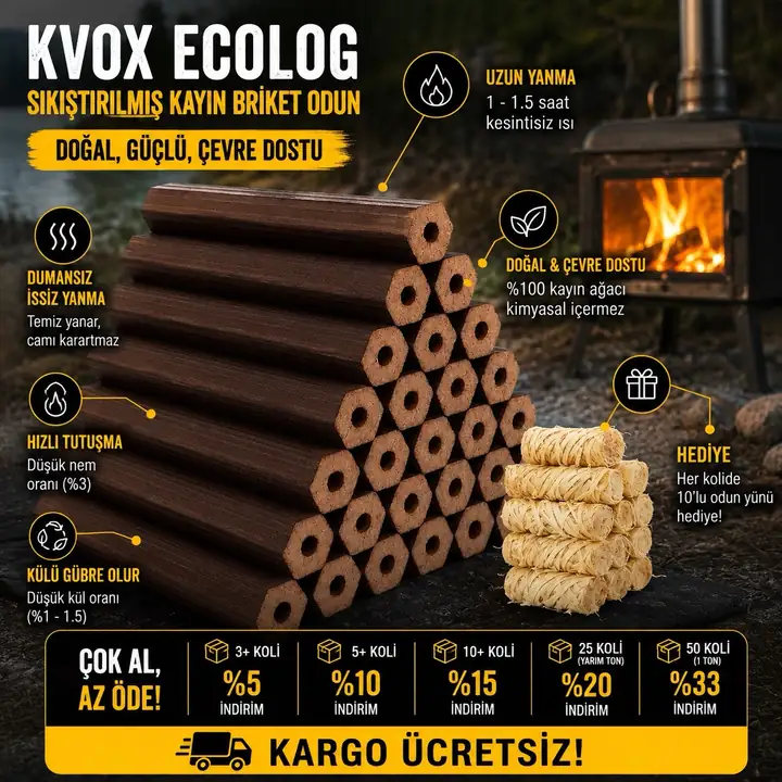 Kvox Ecolog Katkısız Sıkıştırılmış %100 Kayın Briket Şömine ve Kamp Odunu - 20KG — 2