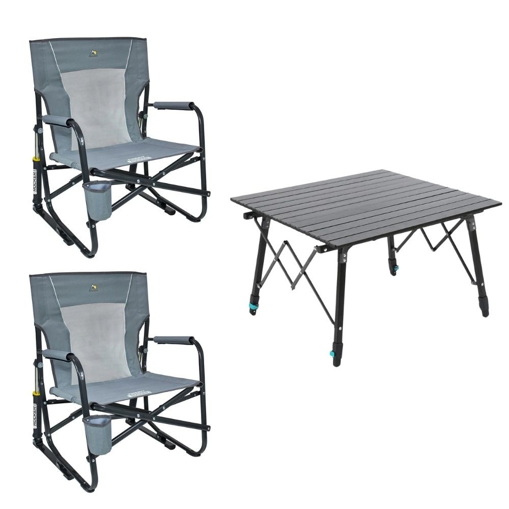 Kampın VIP Seti: 2x Gci Firepit Amortisörlü Sandalye - 1 Madfox Skylite Yüksekliği Ayarlanabilir Masa