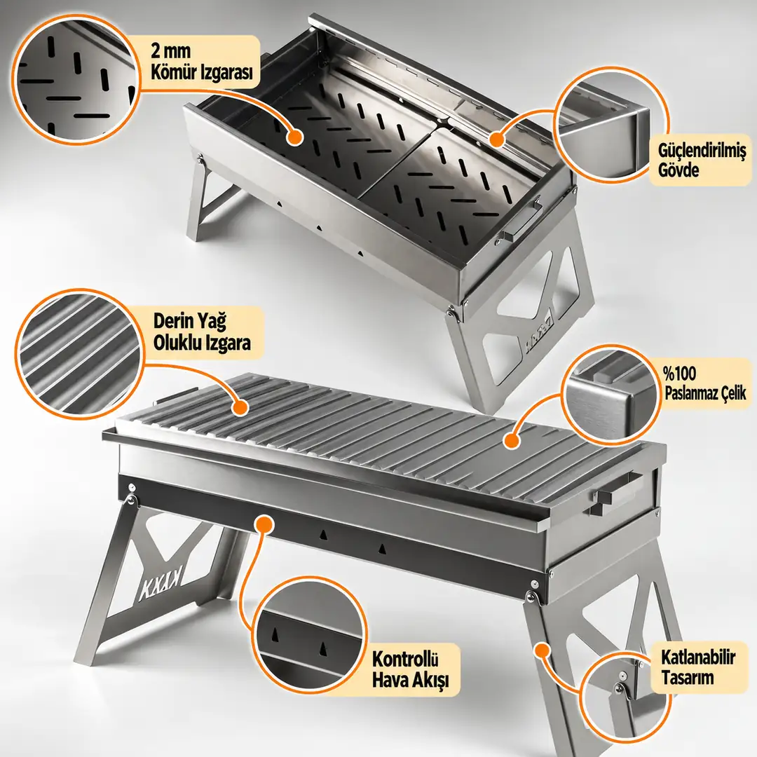 Kvox M1.3 Alev Yapmayan Katlanabilir Inox Mangal — 2
