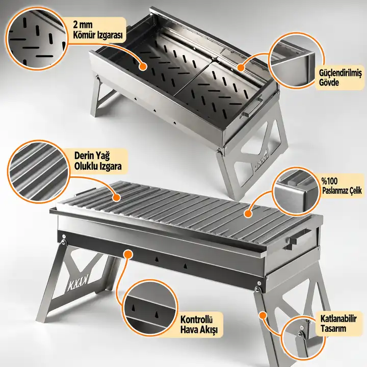 Kvox M1.3 Alev Yapmayan Katlanabilir Inox Mangal