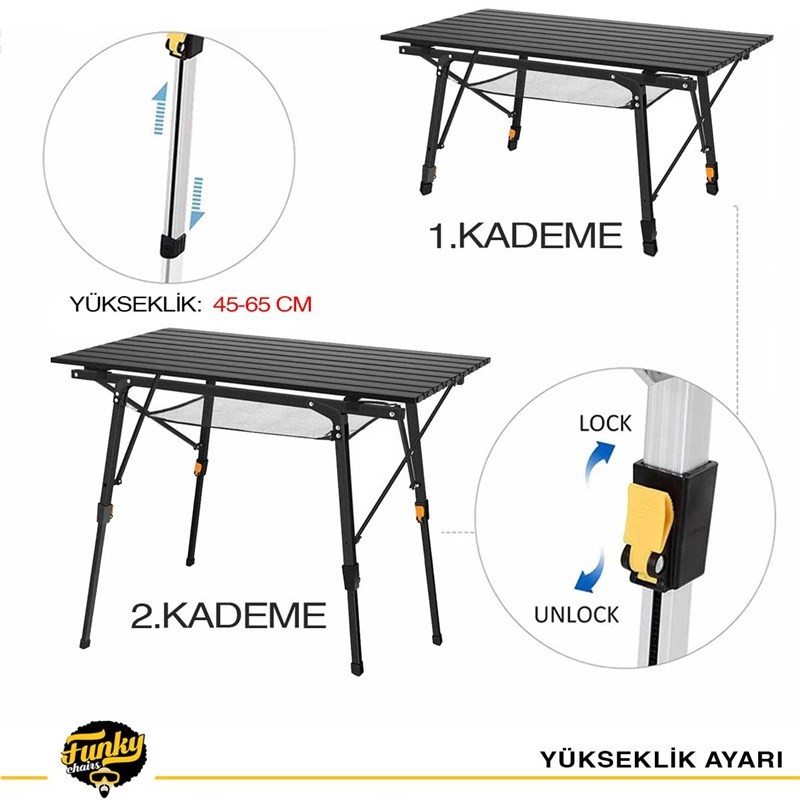 FUNKY CHAIRS Elite Alüminyum Teleskopik Ayaklı Kamp Piknik Masası - Siyah