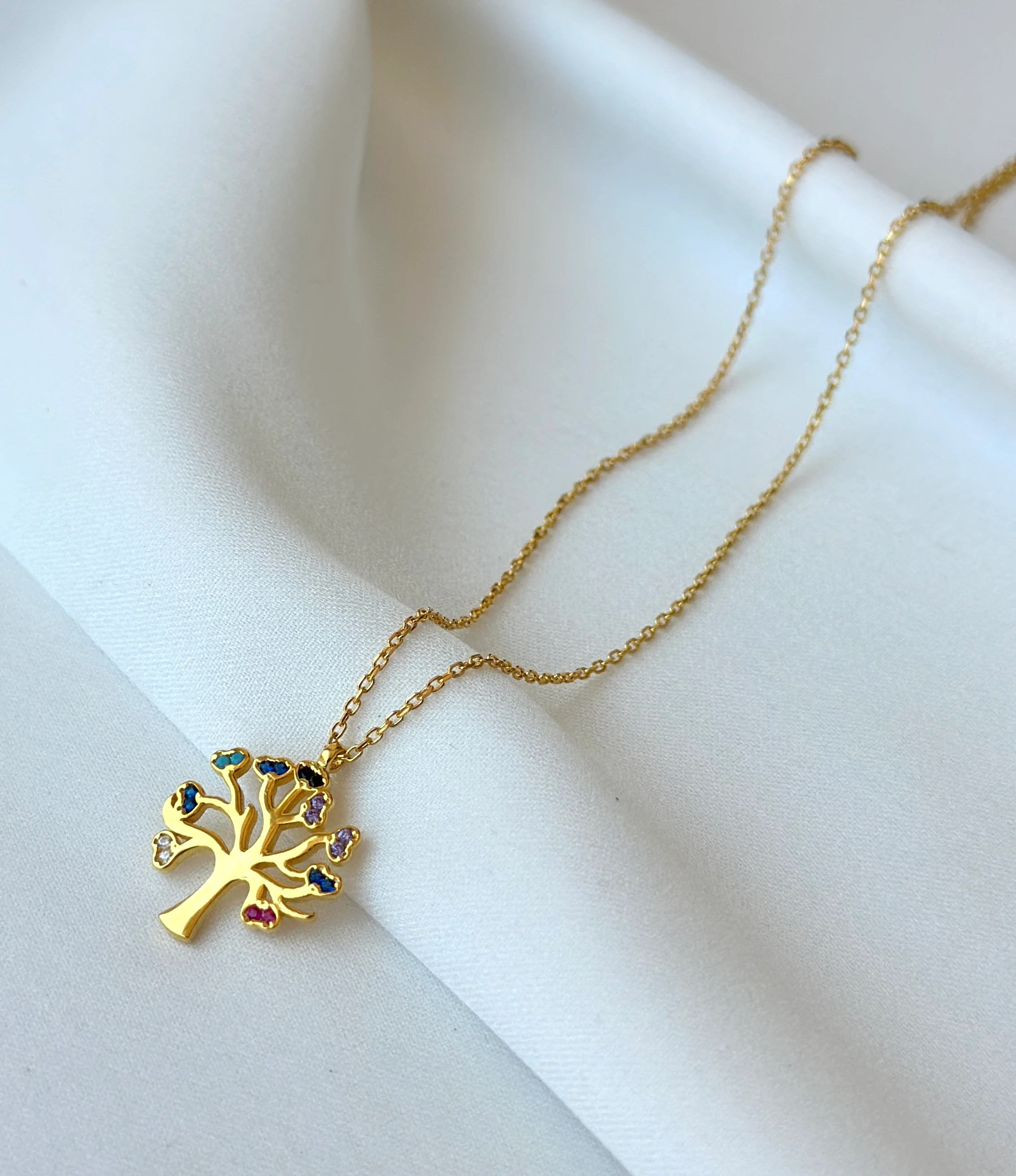 Altın Kaplama Renkli Taşlı Hayat Ağacı Gümüş Kolye