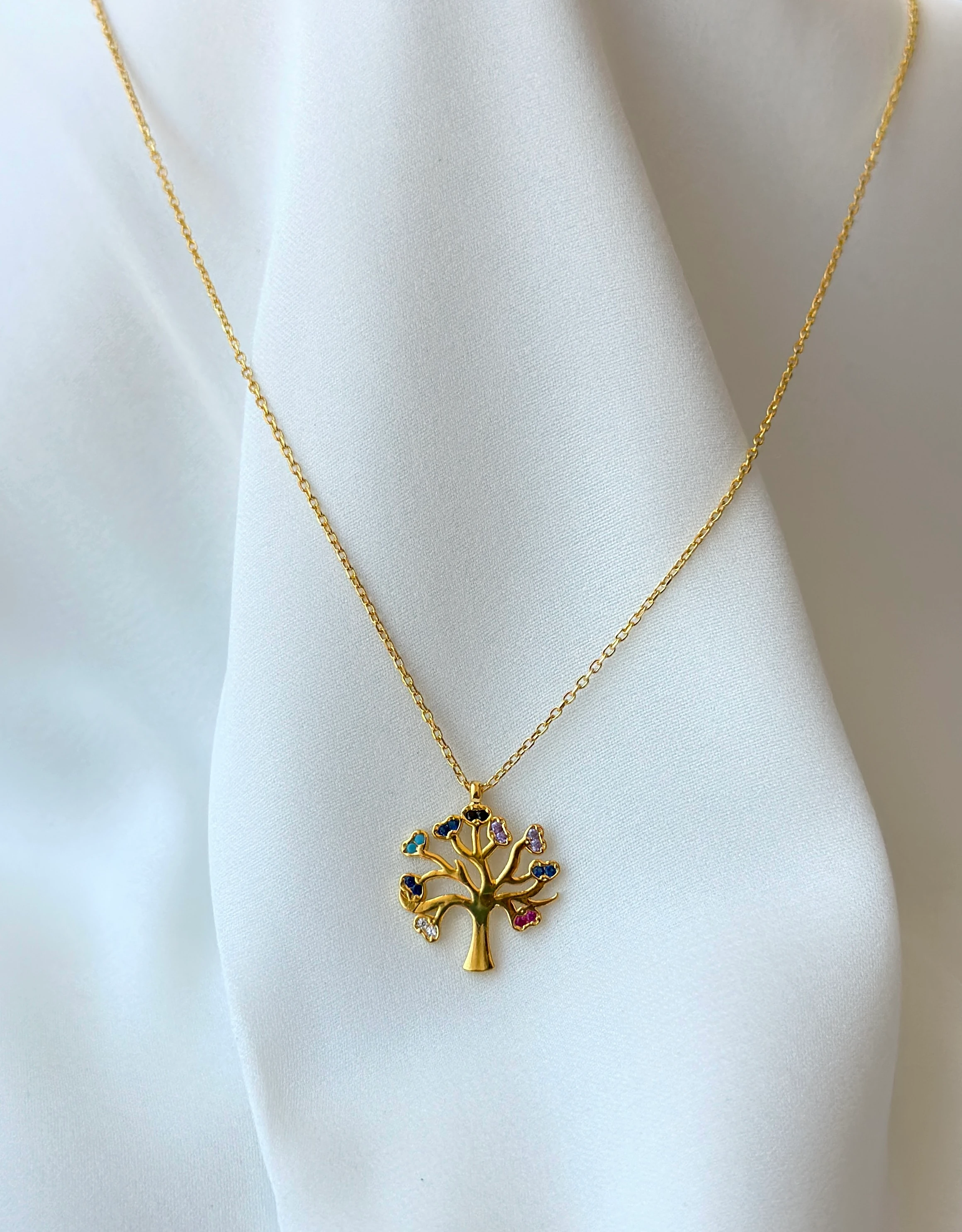 Altın Kaplama Renkli Taşlı Hayat Ağacı Gümüş Kolye