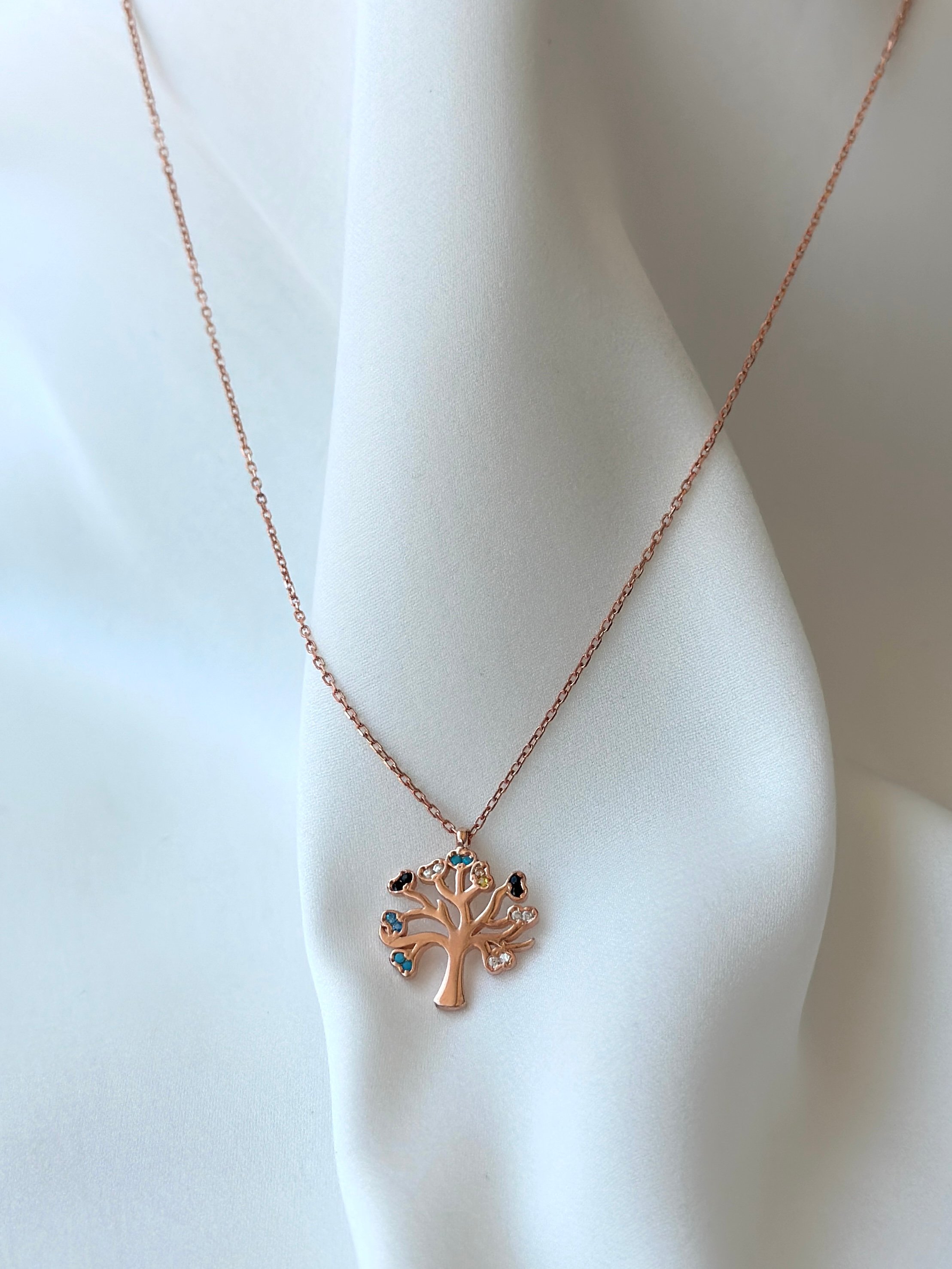Renkli Taşlı Hayat Ağacı Rose Gümüş Kolye