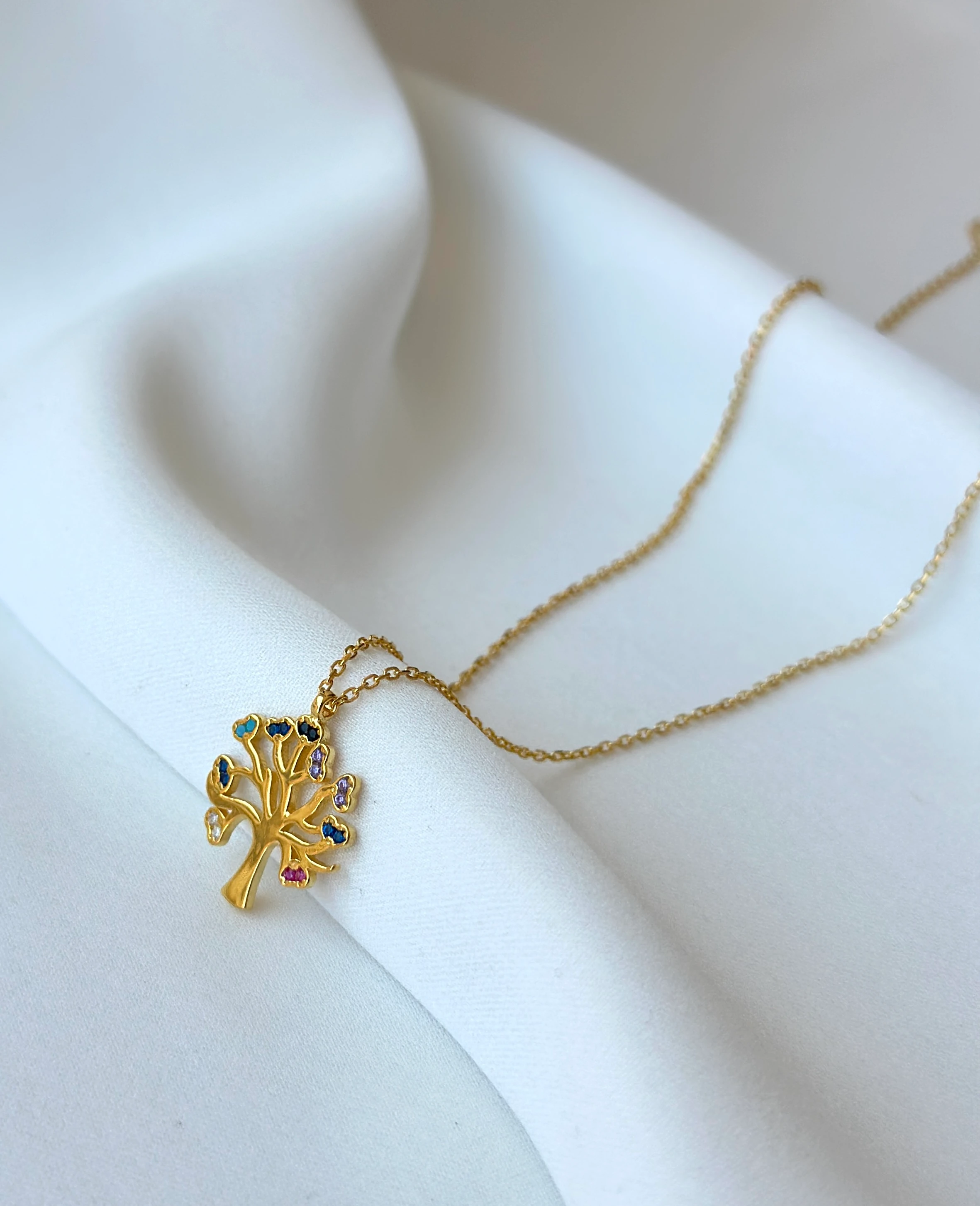 Altın Kaplama Renkli Taşlı Hayat Ağacı Gümüş Kolye