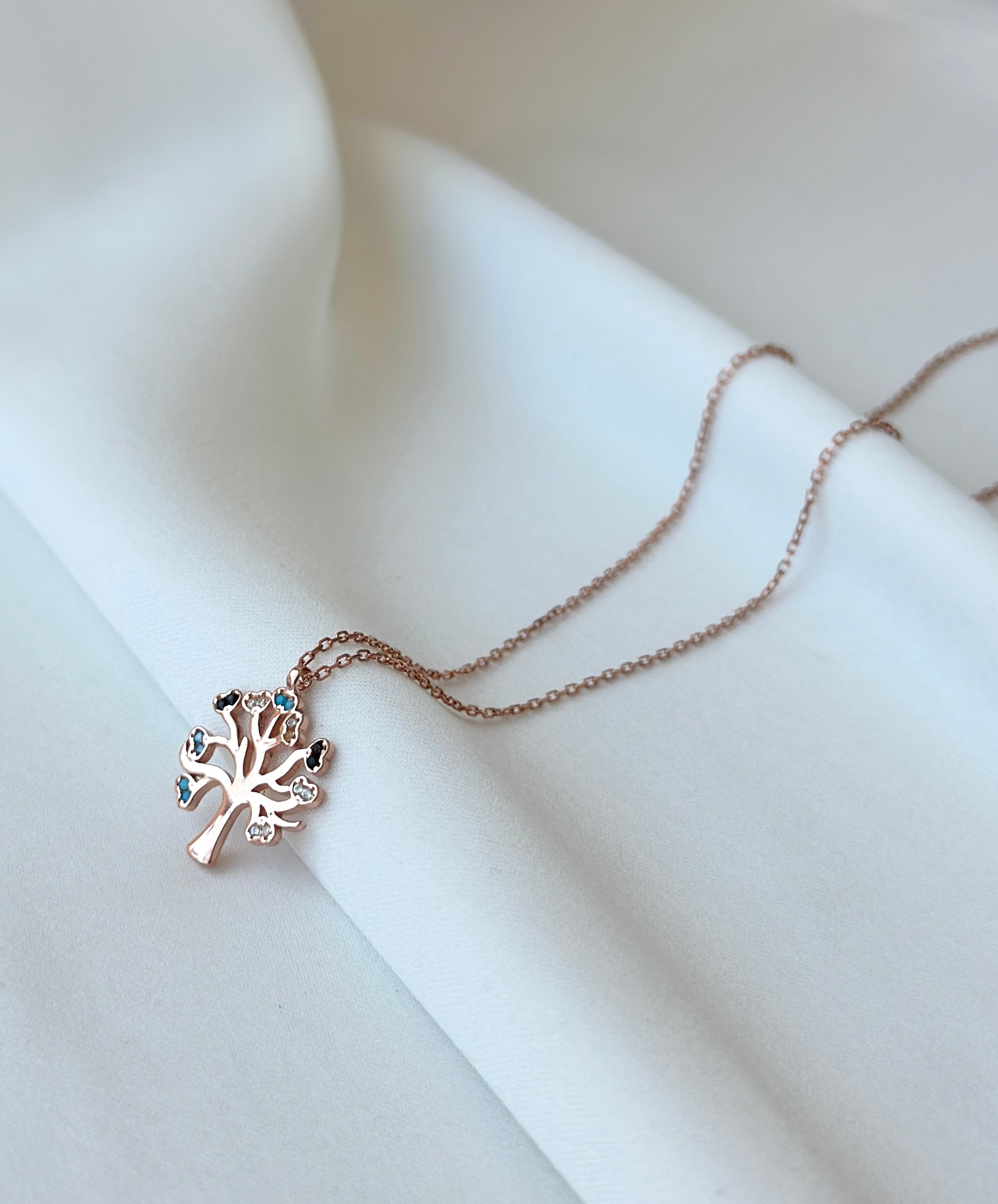 Renkli Taşlı Hayat Ağacı Rose Gümüş Kolye