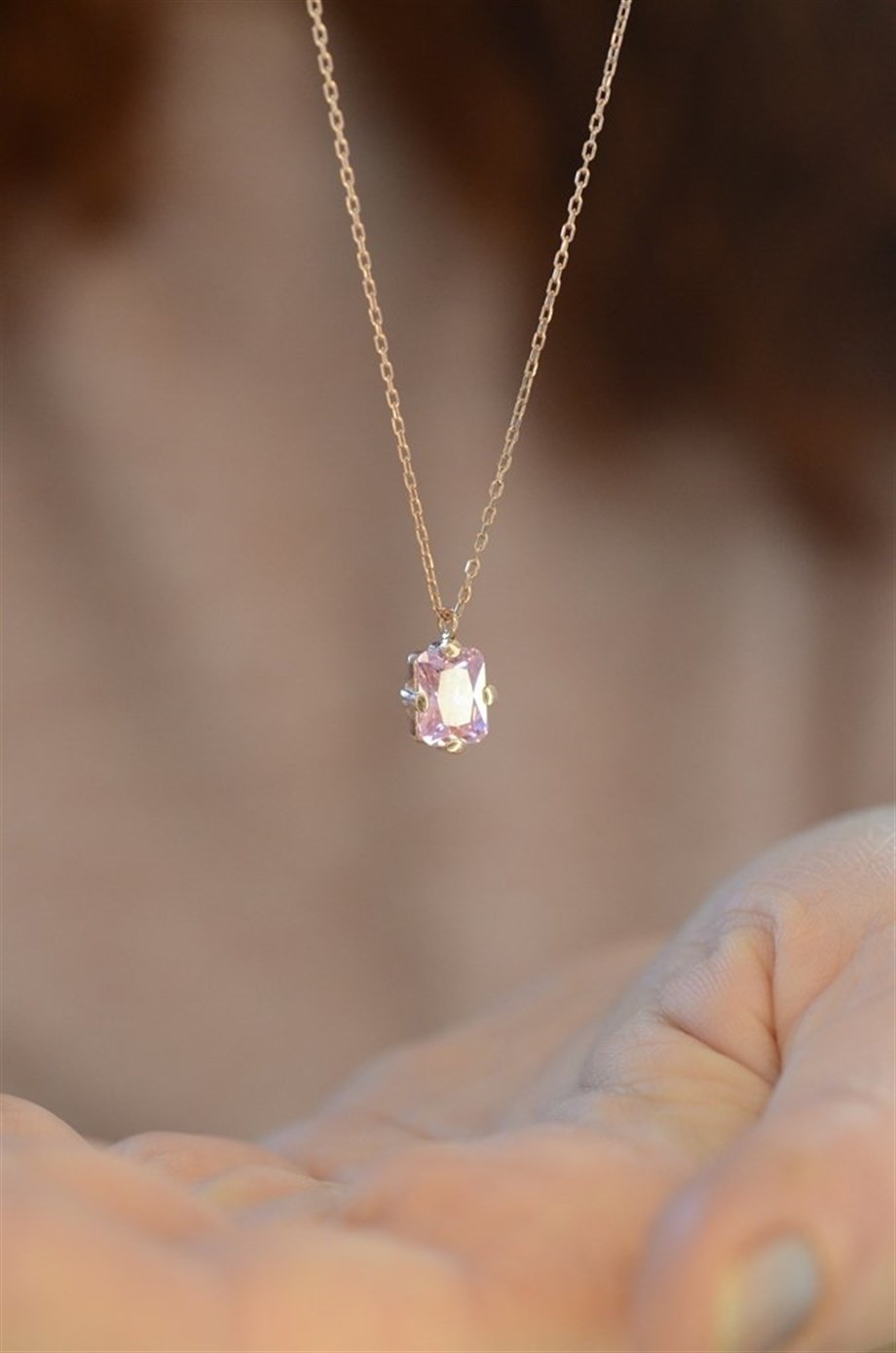 Pembe Zirkon Taşlı Rose Gümüş Kolye