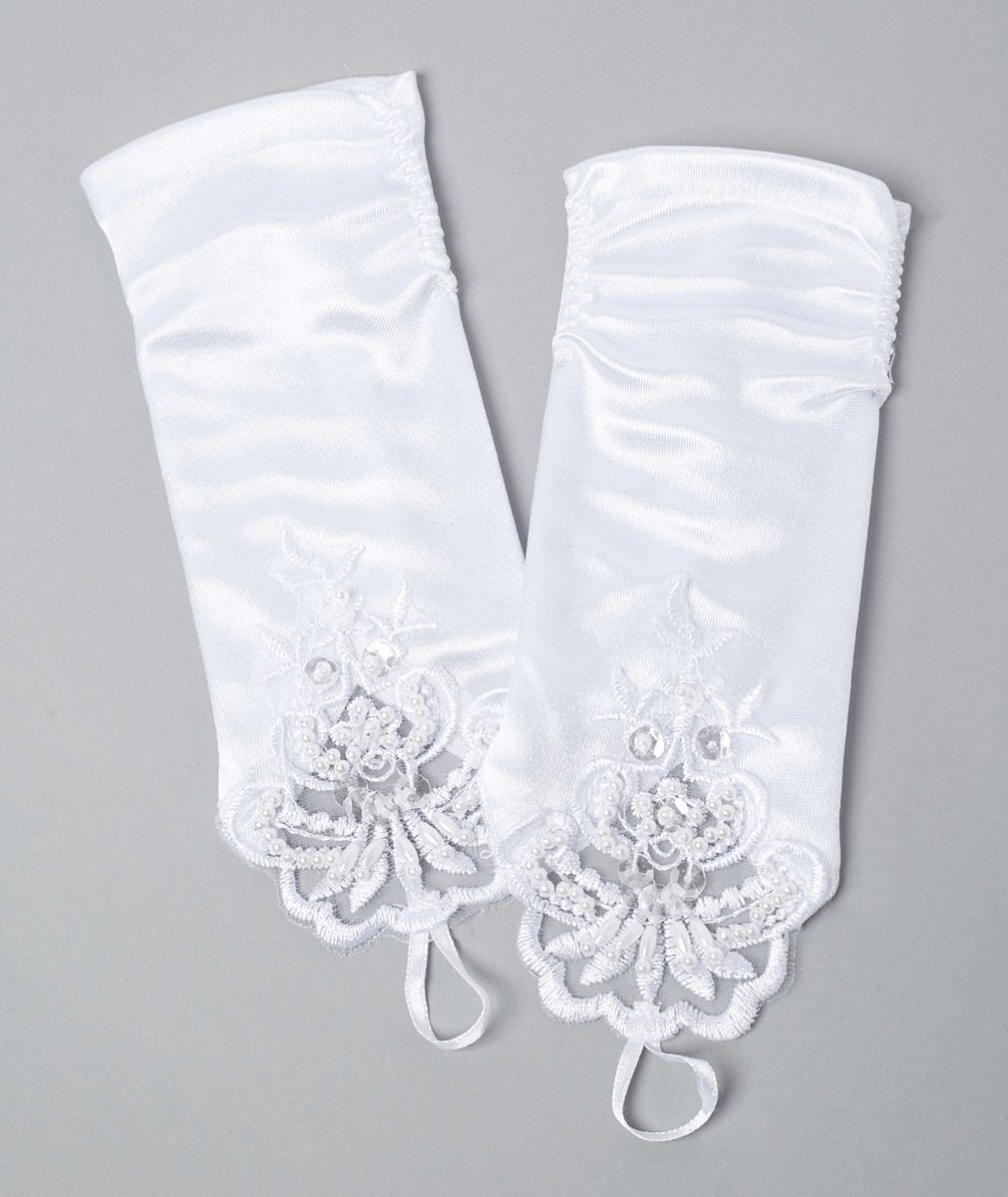 Girls' White Finger Loop Lace Satin Gloves - DIANE