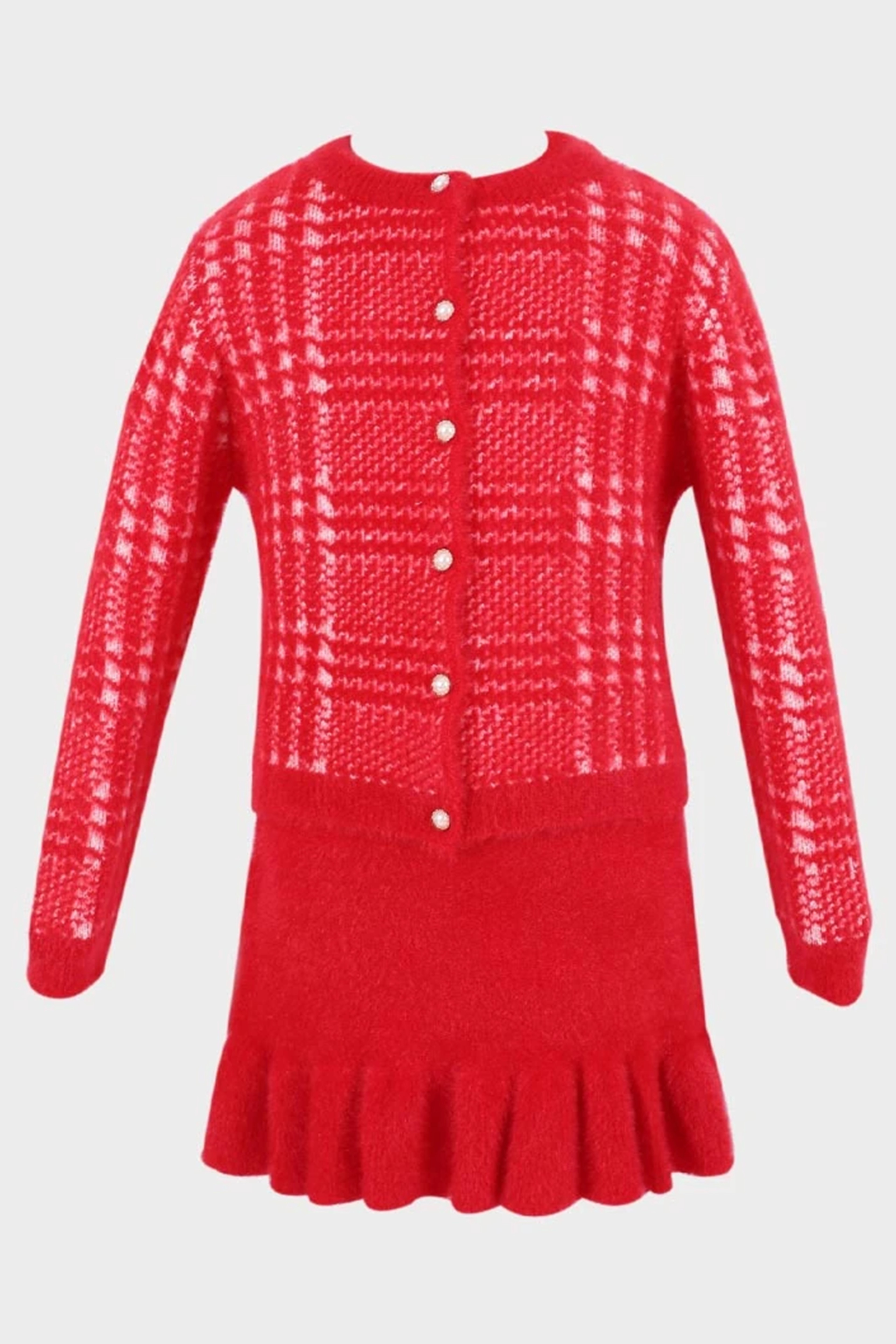 Girls Herringbone Tweed Dress and Cardigan Set - Red