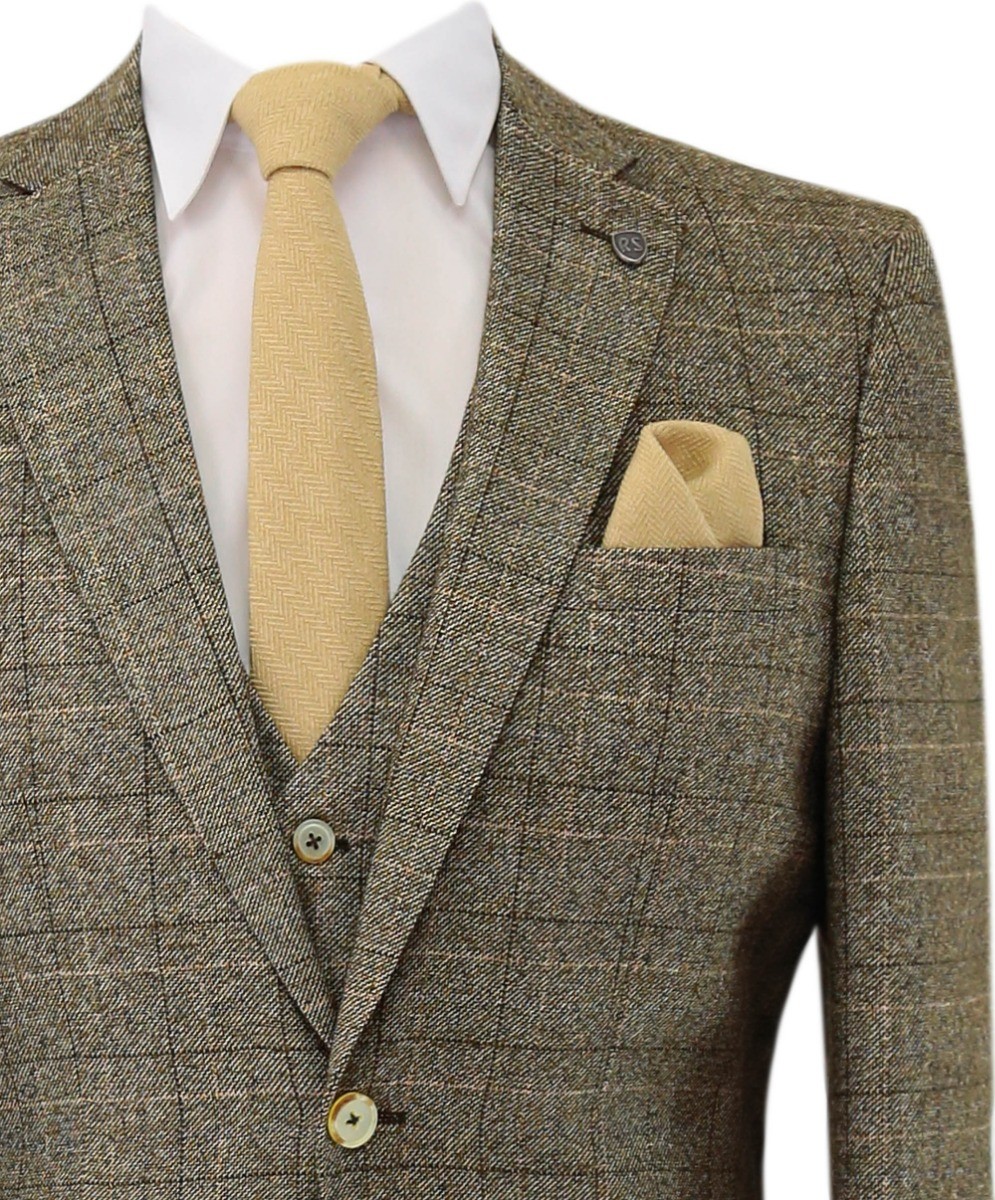 Men's Tweed Windowpane Check Suit Jacket - LIAM Beige